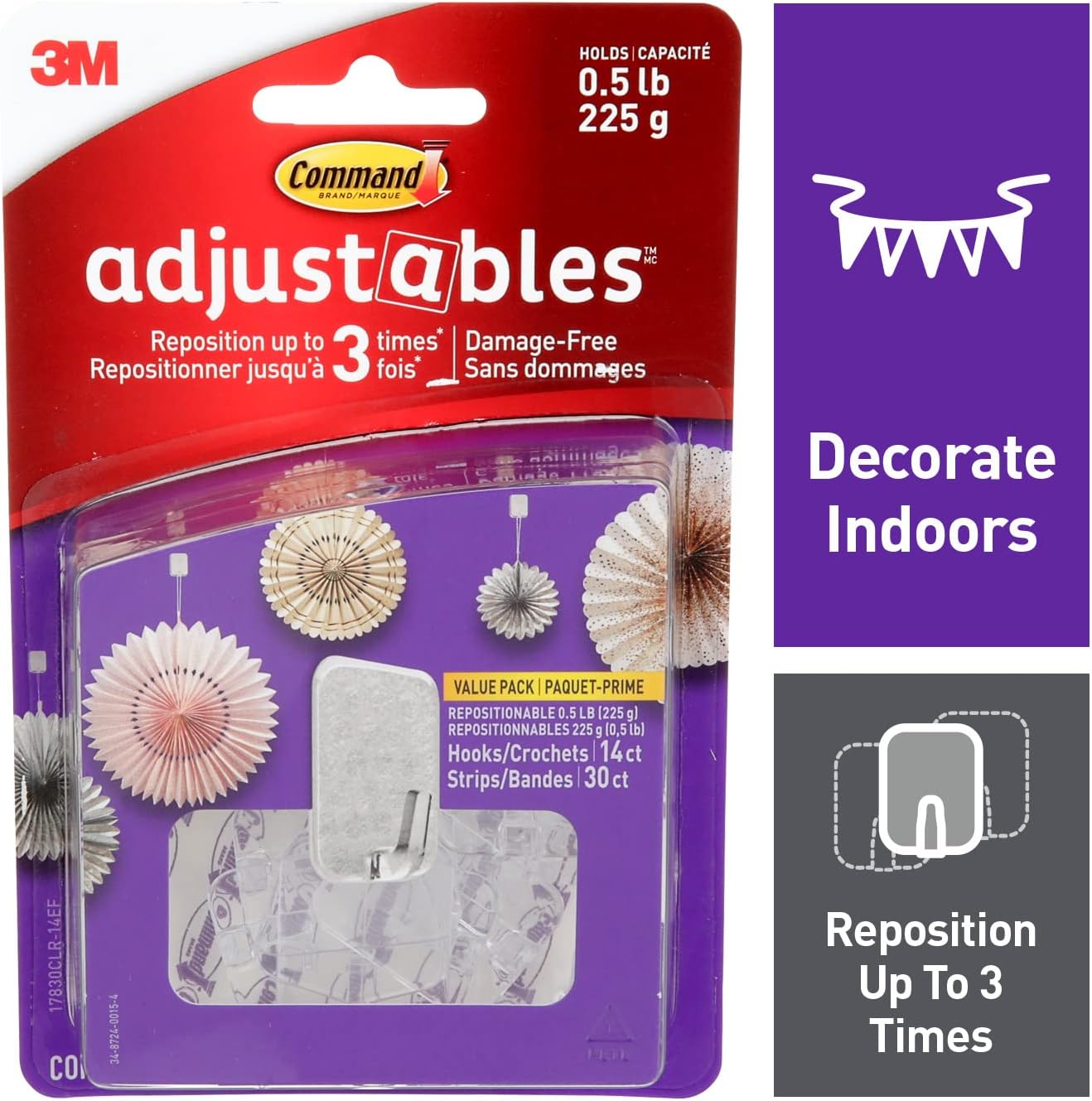 3M Command Adjustables and repositionable 14 Hooks and 30 Strips - 225 g3M Command638060277454Adhesive hooksAdhesive hooks