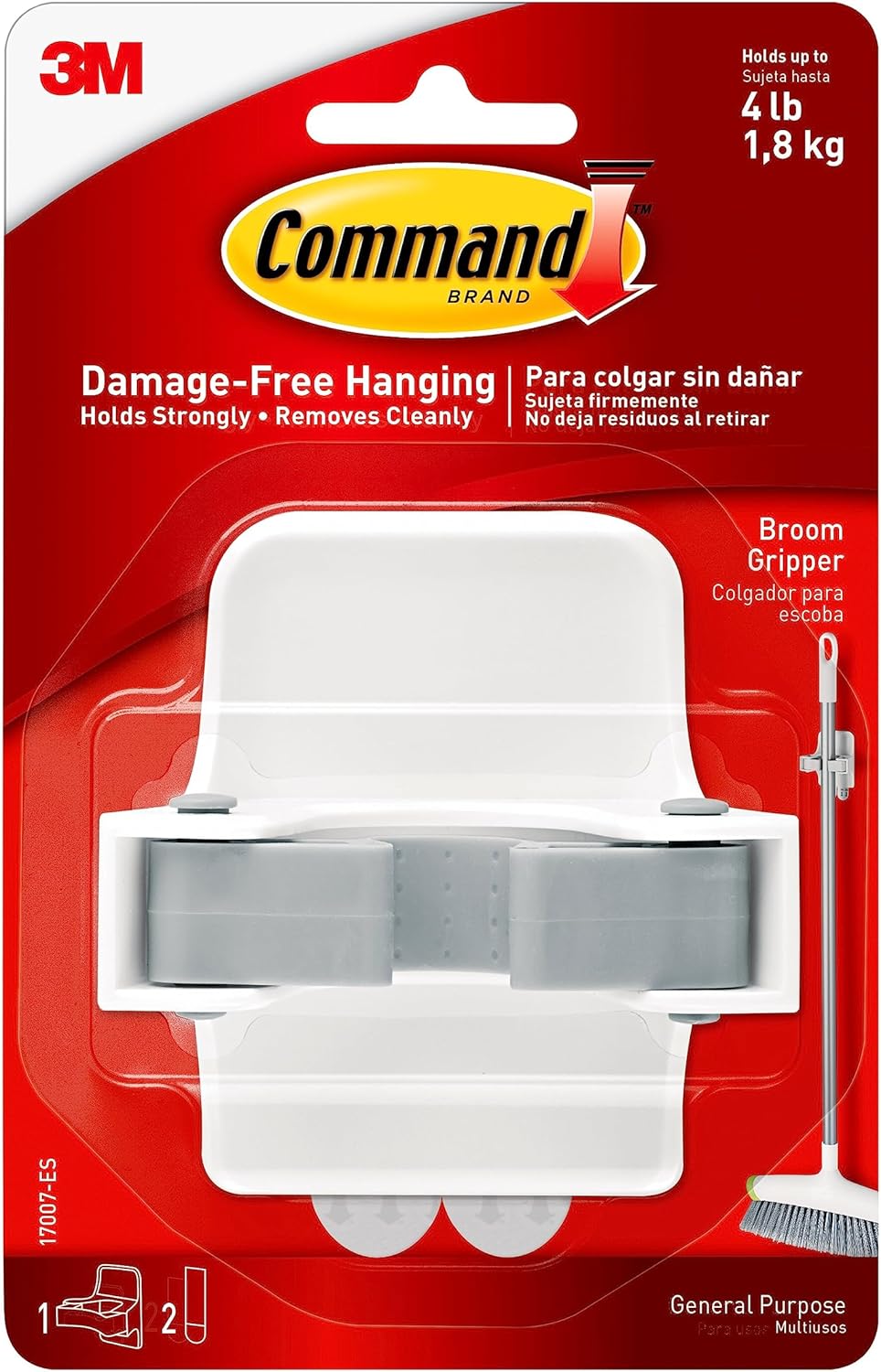 3M Command Broom Gripper White and grey color, 1 hook + 2 strips/pack, Holds 1.8 kg each hook3M Command051141409474Broom GripperBroom Gripper