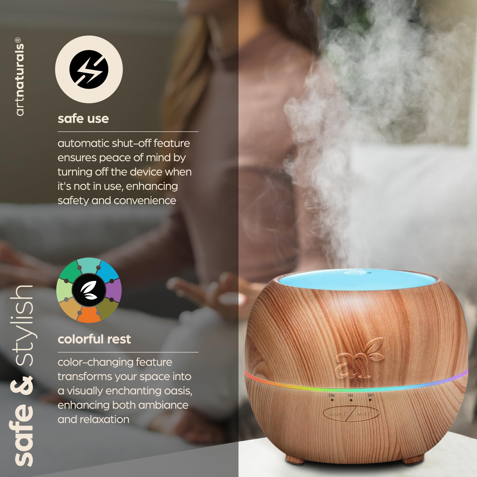 ArtNaturals Aromatherapy Essential Oil Diffuser 150ml Tank - Ultrasonic Aroma Humidifier - Adjustable Mist Mode, Auto Shut - Off and 7 Color LED Lights - for Home, Office & BedroomArtNaturals816820027222Essential Oil DiffuserEssential Oil Diffuser