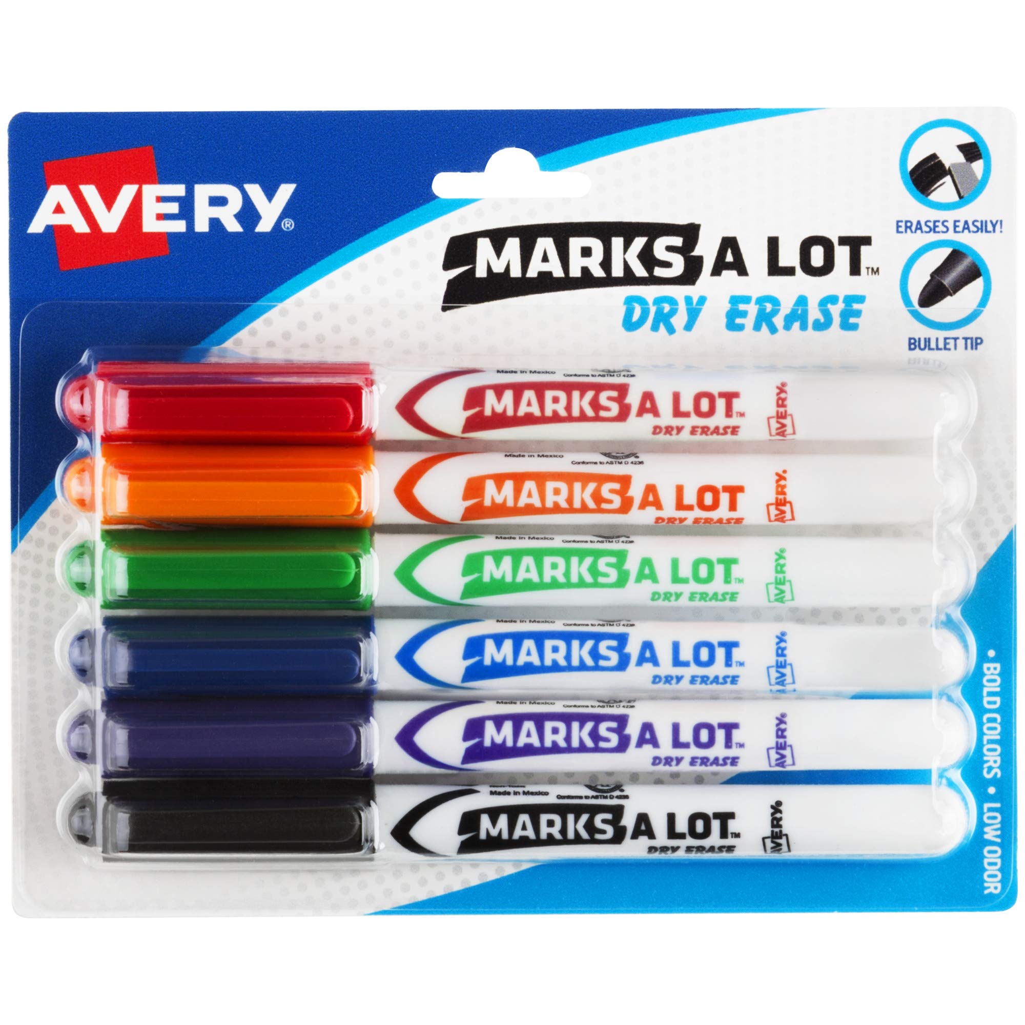 Avery Marks - a - lot Marks A Lot Dry Erase Markers, Low Odor White Board Markers with Bullet Tip, 6 Assorted ColorsAvery071709244811White Board Color MarkerWhite Board Color Marker