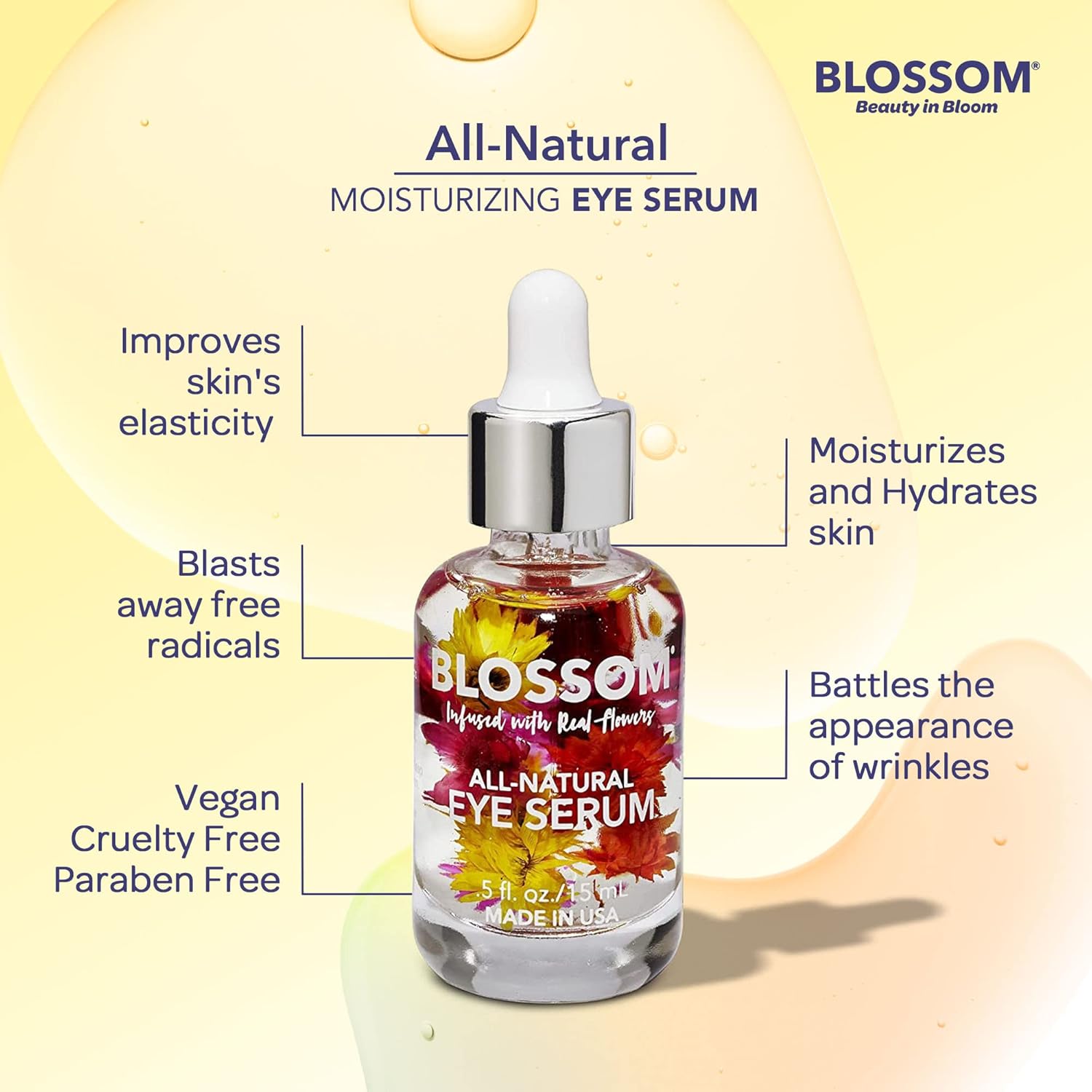 Blossom All Natural Eye Serum with Essential Oils, Organic Cruelty Free Moisturizing, Infused with Real Flowers, Made in USA, 0.5 fl. oz., Summer BreezeBlossom079556520119Eye SerumEye Serum