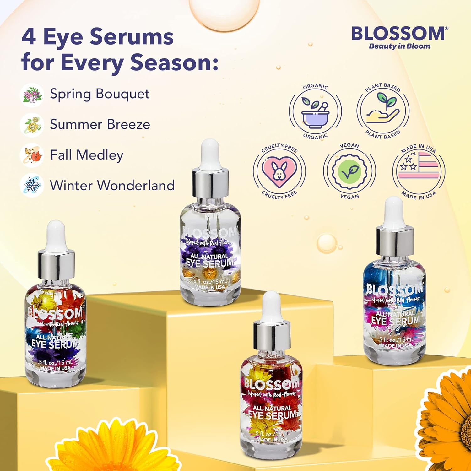 Blossom All Natural Eye Serum with Essential Oils, Organic Cruelty Free Moisturizing, Infused with Real Flowers, Made in USA, 0.5 fl. oz., Summer BreezeBlossom079556520119Eye SerumEye Serum