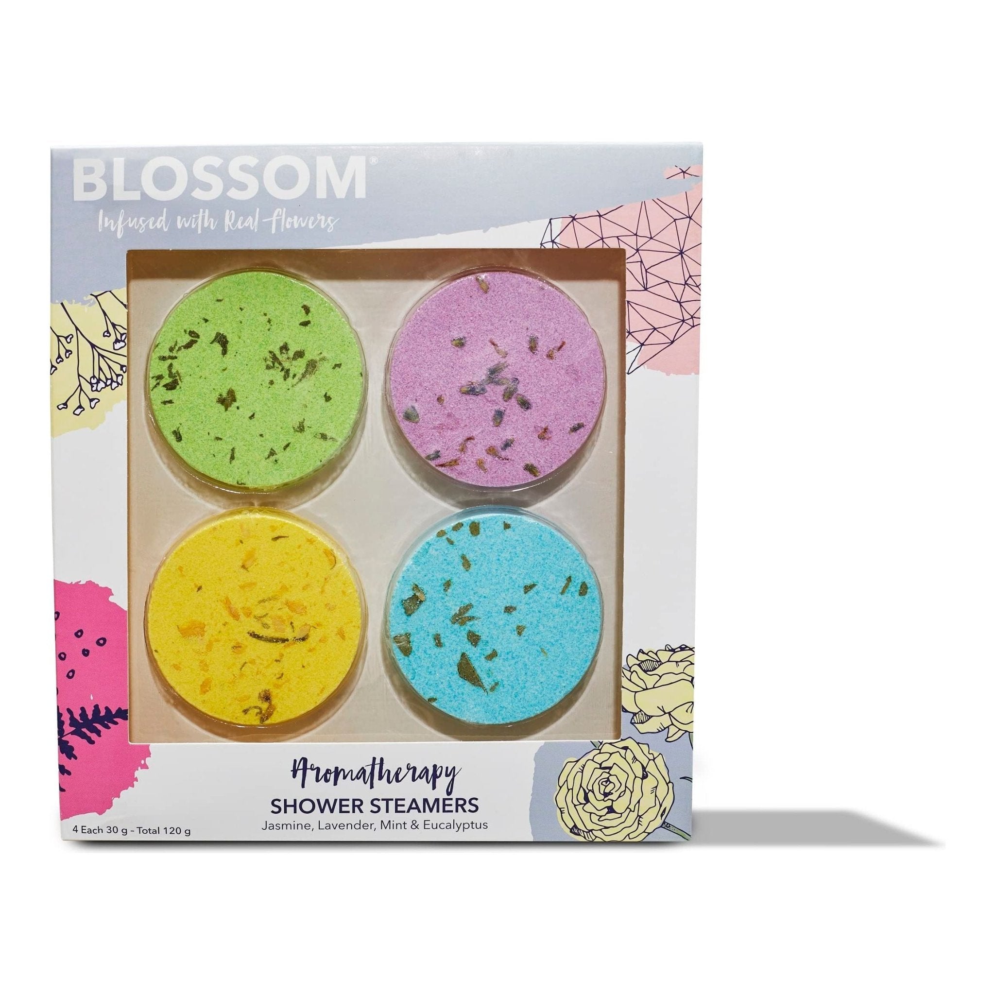 Blossom Aromatherapy Shower Steamers, Bath Bomb Tablets with Essential Oils for Stress Relief and Relaxation 4 Pack Box, Jasmine, Lavender, Mint and EucalyptusBlossom079556805506Bath BombBath Bomb