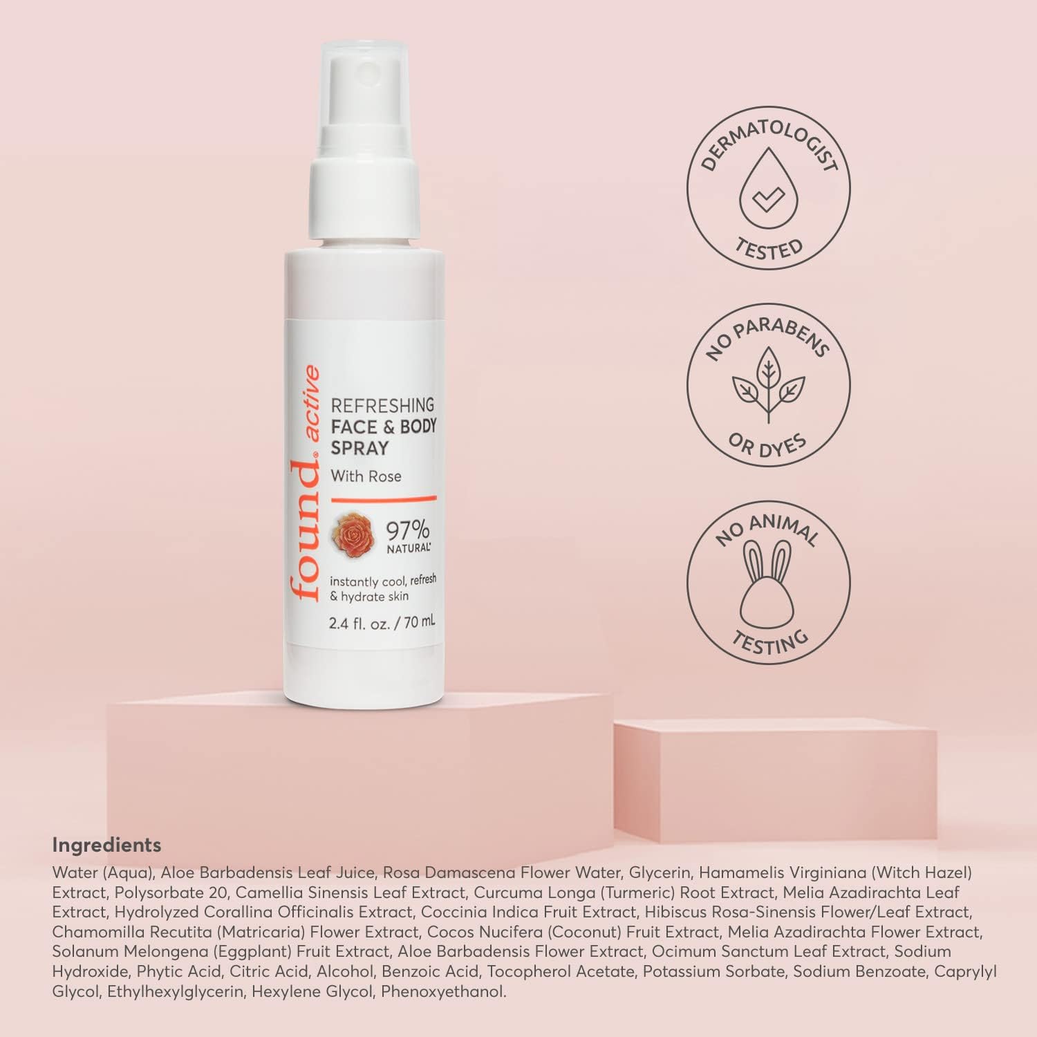 Found. Active Refreshing Multitasking Face & Body Spray with Rose Instantly Cools, Refreshes & Hydrates Skin - 2.4 Fl OzFound.811170030779Face MistFace Mist