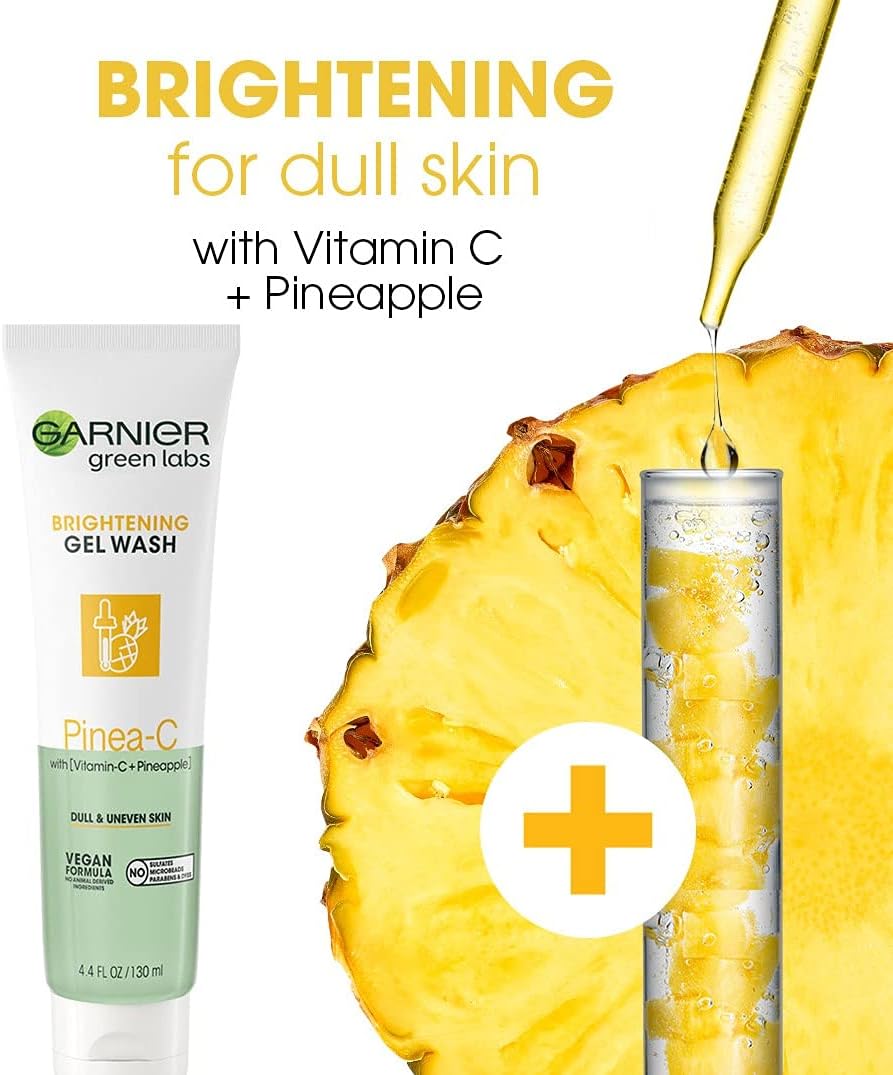 Garnier Green Labs Brightening Gel Wash, Pinea - C with Vitamin C + Pineapple for Dull and Uneven Skin - 130 ml4.4 Packaging May Vary, Pinea - C, Pineapple, 13.2 Fl OzGarnier603084578320CleanserCleanser