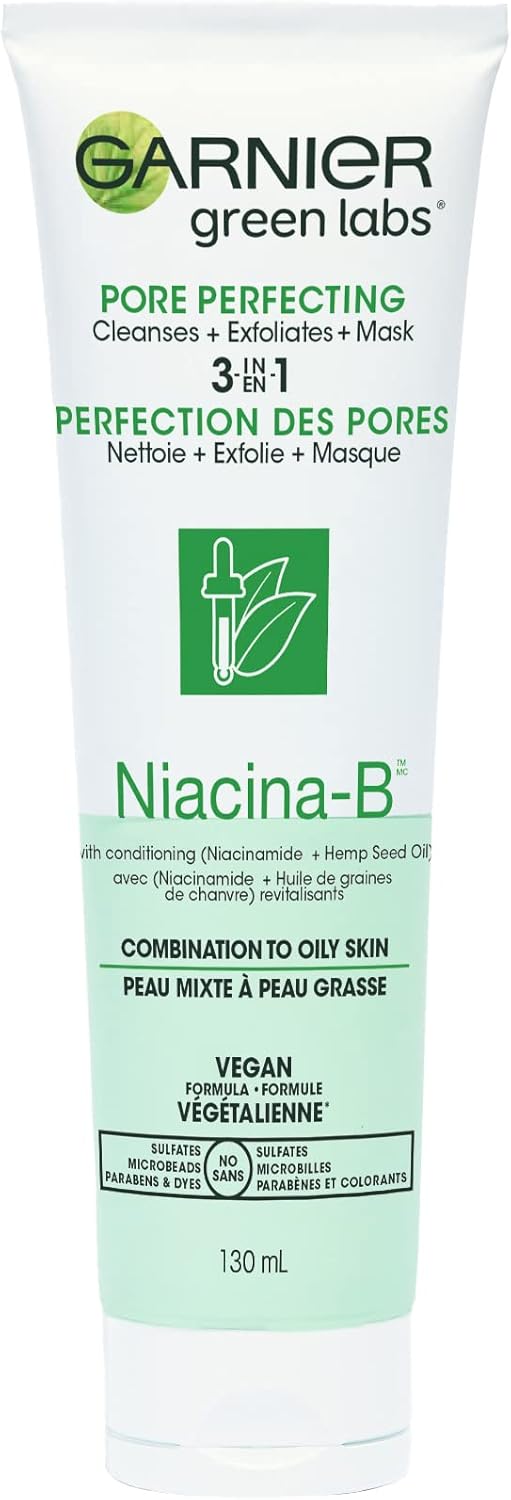 Garnier Green Labs Pore Perfecting 3 - in - 1 Face Wash Exfoliator Mask, Niacina - B with Niacinamide Vitamin B3 - 130 mlGarnier603084578375CleanserCleanser