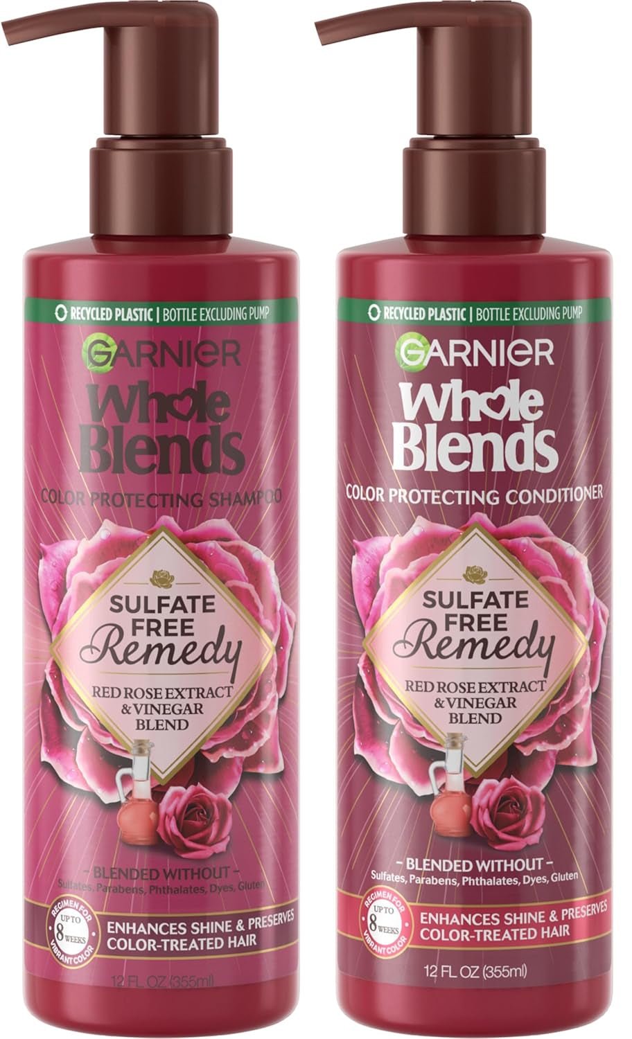 Garnier Whole Blends color protecting Shampoo and Conditioner, Sulfate Free Remedy with Red Rose Extract and Vinegar blend, Enhances Shine and Preserves Color - Treated Hair - 355ml eachGarnier603084077014Shampoo and Conditioner SetShampoo and Conditioner Set