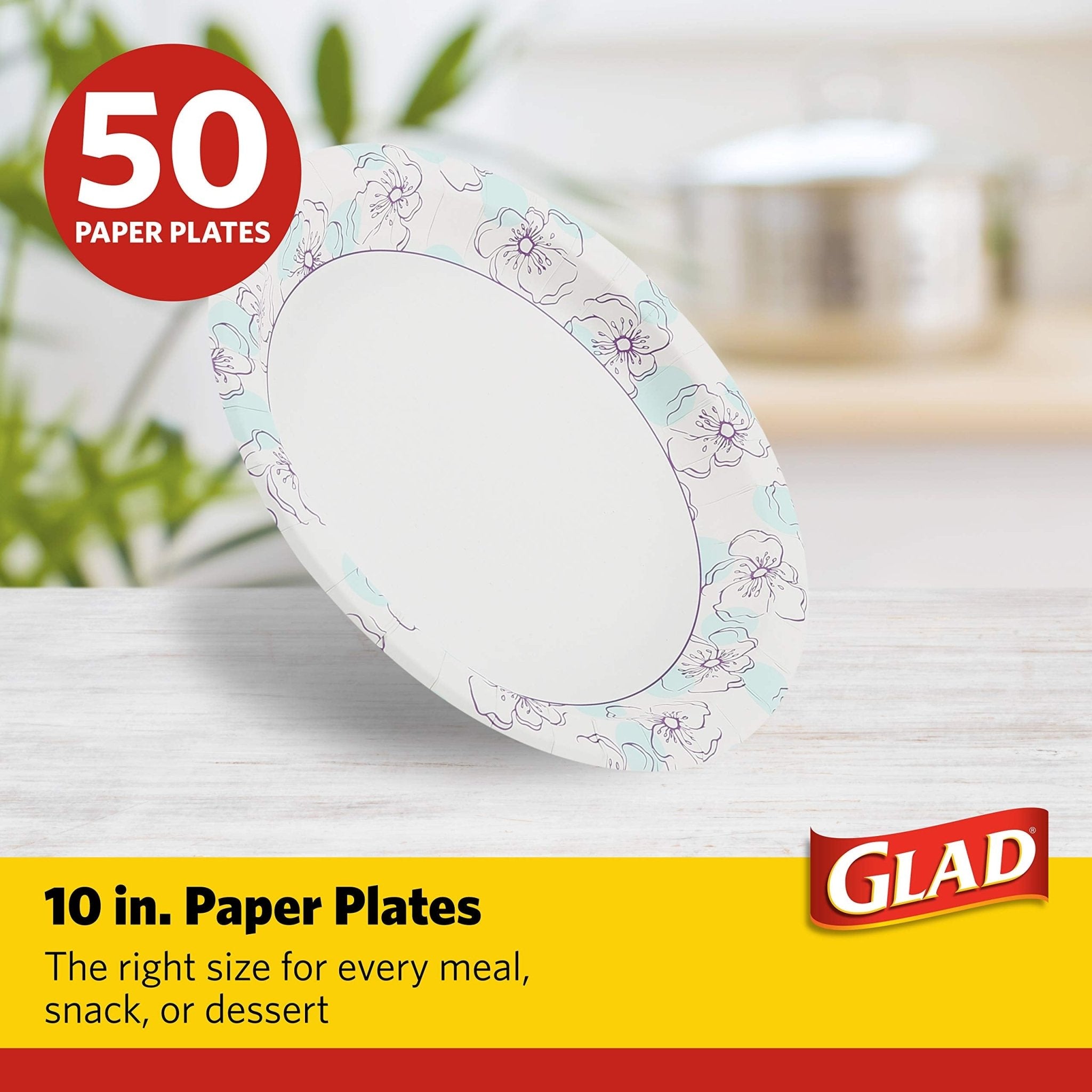Glad Round Disposable Paper Plates for All Occasions - Soak Proof, Cut Proof, Microwaveable Heavy Duty Disposable Plates - 10" Diameter, 50 countGlad742797779782Disposable PlatesDisposable Plates