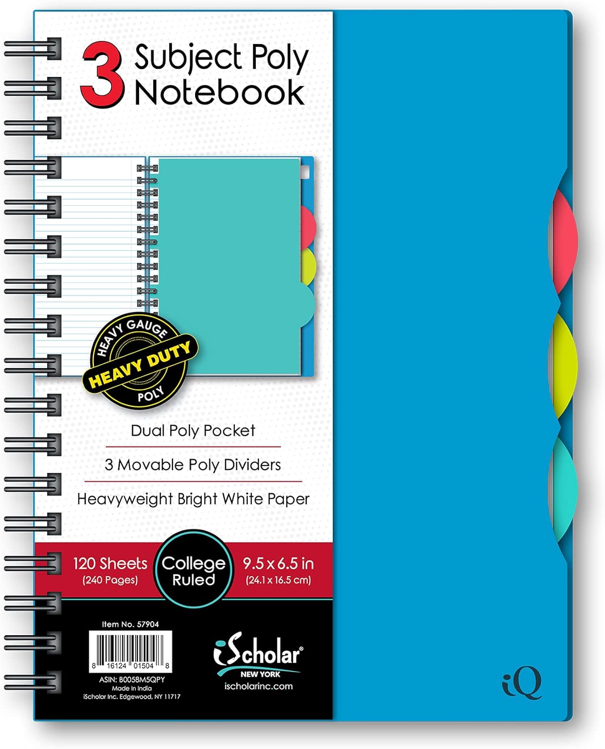 iScholar iQ 3 Subject Poly Cover Double Wire Notebook, College Rule, 9.5 x 6.5 Inches - 120 SheetsiScholar816124015048NotebookNotebook