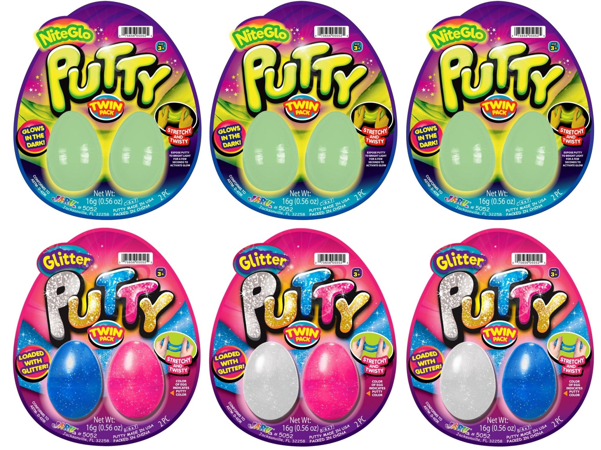 JA - RU Glow in The Dark, Glitter, & Neon Colored Putty Set, Squishy Bouncy Slime for Kids & Adult - 6 Packs of 2JA - RU075656990470Putty ToyPutty Toy