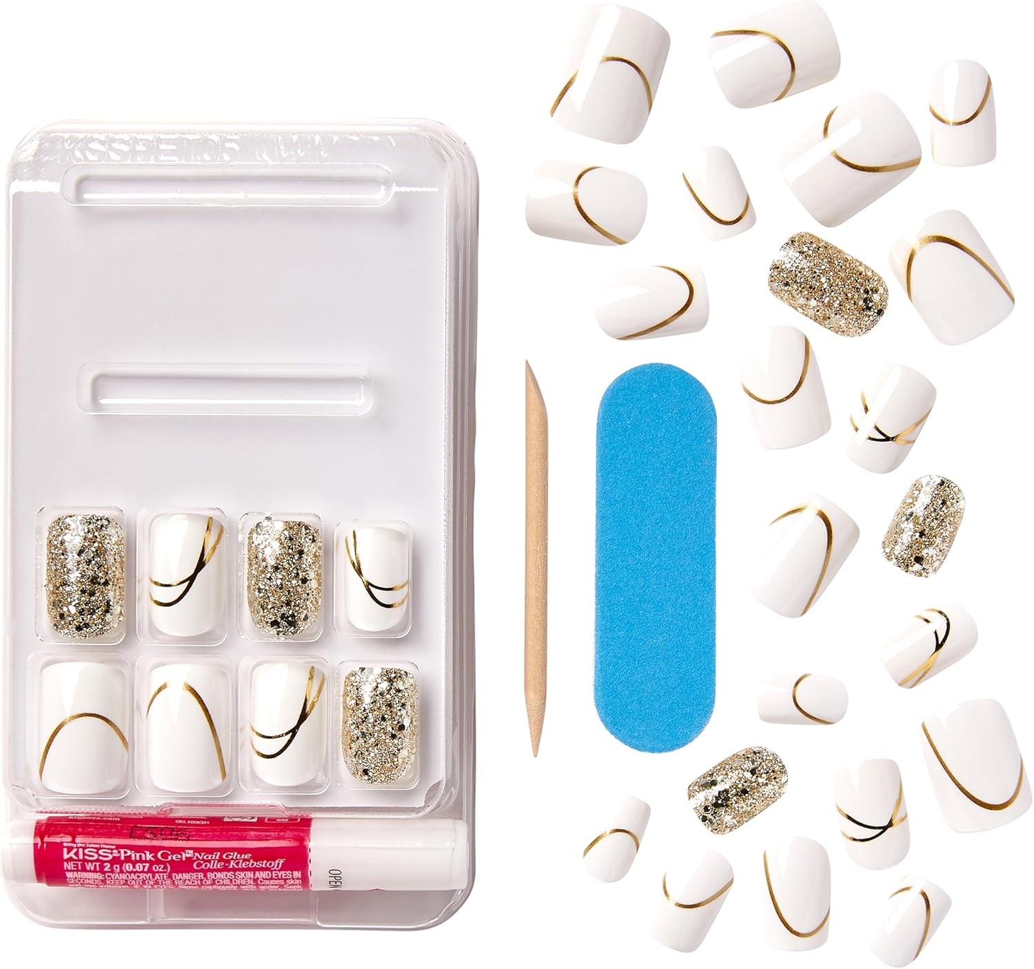 KISS Voguish Fantasy Press On Nails, 2g glue, 1 Manicure Stick, 1 Mini File - Glam and Glow - White - Short Size - 28 NailsKiss731509883091Press On NailsPress On Nails