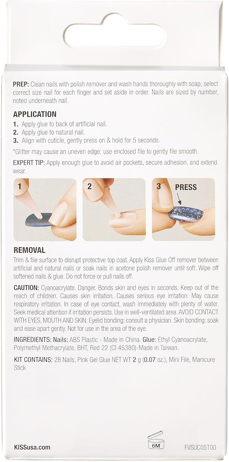 KISS Voguish Fantasy Press On Nails, 2g glue, 1 Manicure Stick, 1 Mini File - Glam and Glow - White - Short Size - 28 NailsKiss731509883091Press On NailsPress On Nails