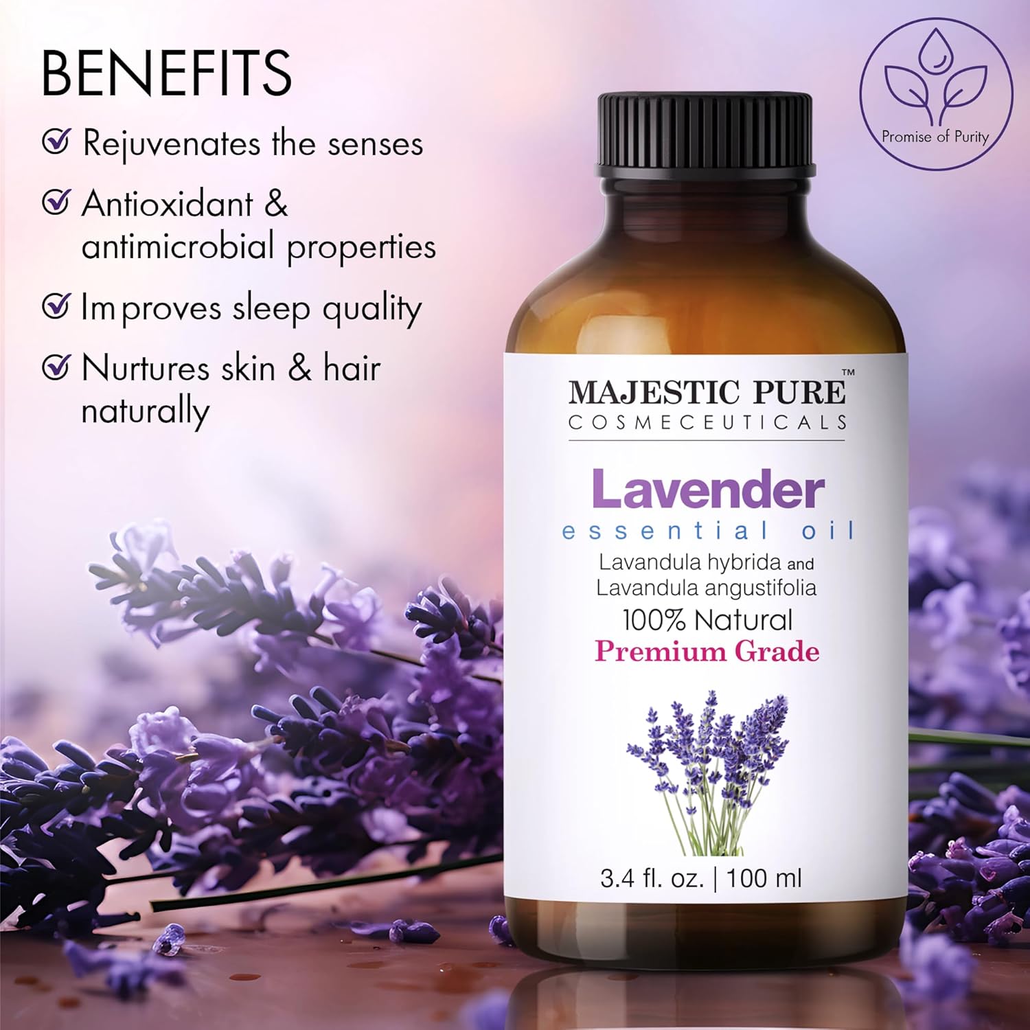 MAJESTIC PURE Lavender Essential Oil, 100% Pure and Natural Lavender Oil Diffusers, Skin, Aromatherapy, Massage - 118 mlMajestic Pure684758988836Essential Oil BlendsEssential Oil Blends