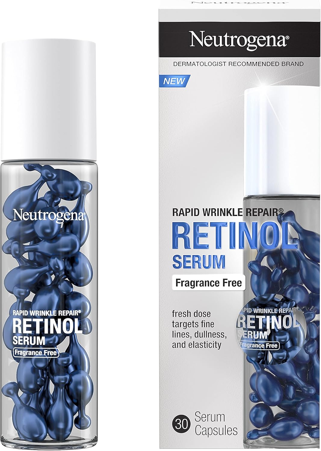 Neutrogena Rapid Wrinkle Repair Retinol Face Serum Capsules, Fragrance - Free Daily Facial Serum with Retinol that fights Fine Lines, Wrinkles, Dullness, Alcohol - Free & Non - Greasy, 30 ctNeutrogena070501194195Face SerumFace Serum