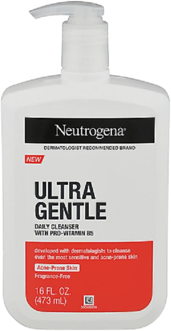 Neutrogena Ultra Gentle Daily Facial Cleanser with Pro - Vitamin B5 for Acne - Prone & Sensitive Skin, Fragrance - Free, Dye - Free, Soap - Free, Paraben - Free Hypoallergenic Face Wash, 16 fl. ozNeutrogena070501194928CleanserCleanser