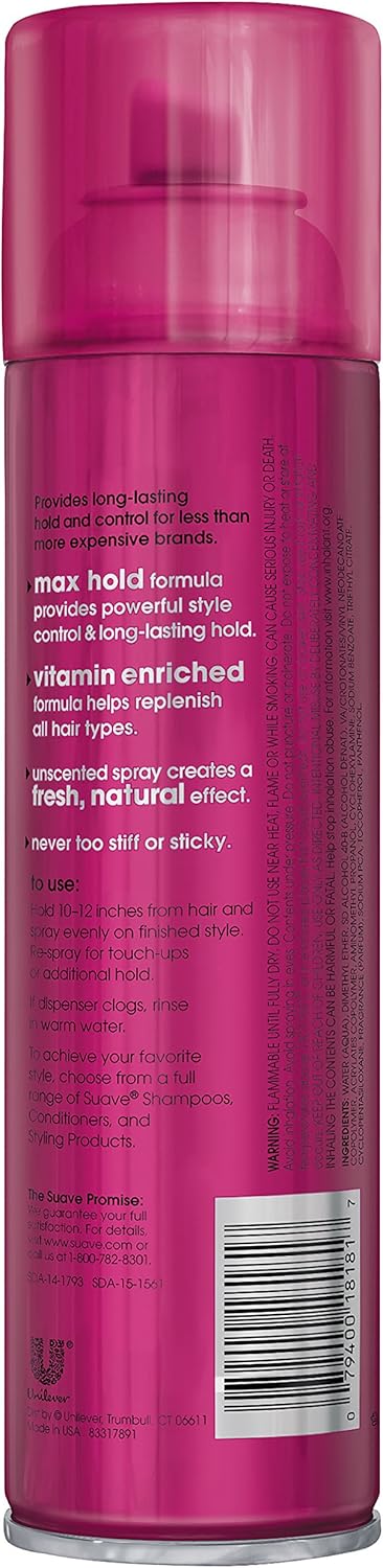 Suave Max Hold Unscented Hairspray For Long Lasting Hold, 8 - 312 gSuave883438822730Hair SprayHair Spray