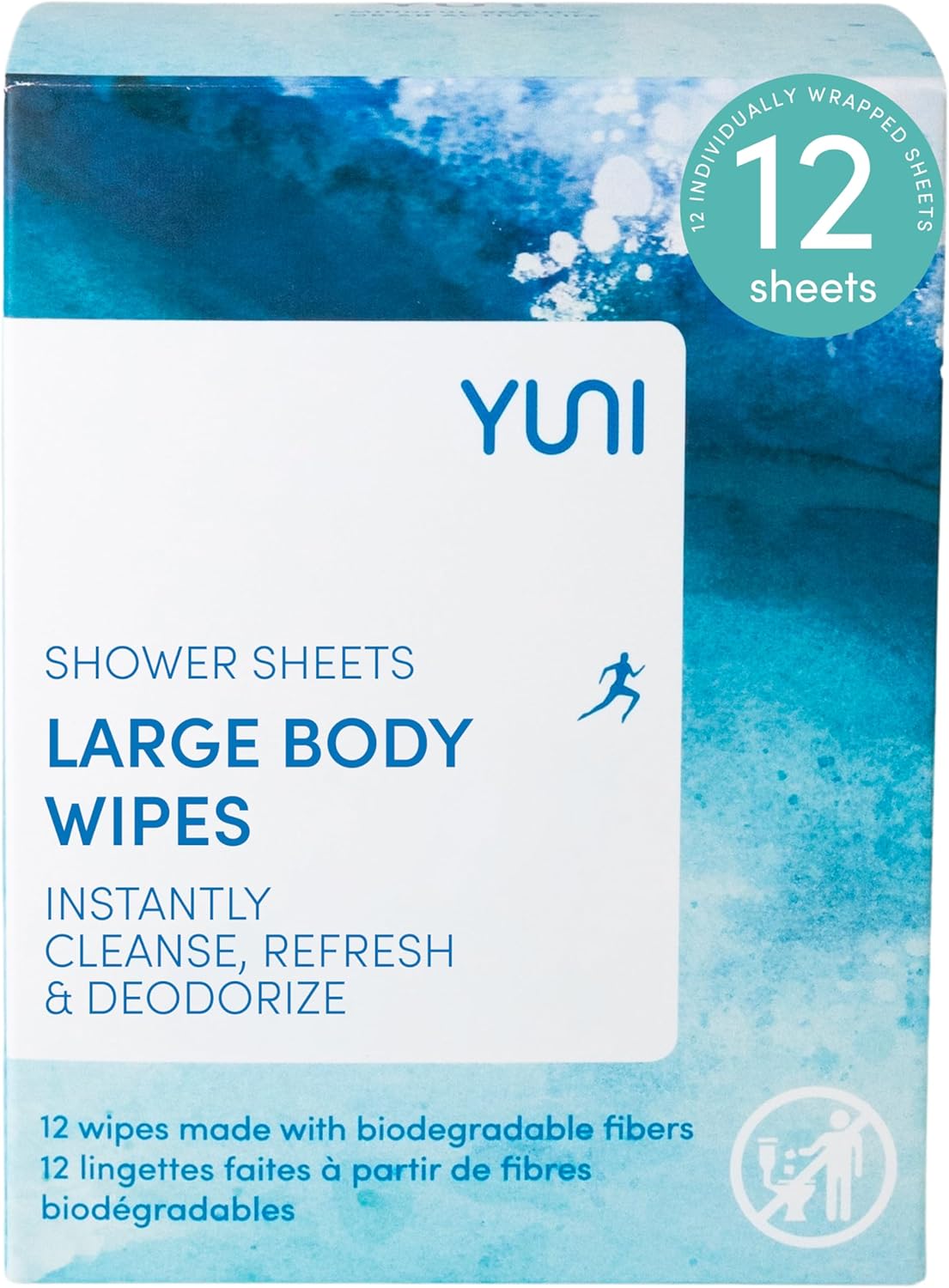 YUNI Shower Sheets Large Body Wipes, Soft Moist Showerless Wipes, Instantly Cleanse, Refresh and Deodorize - 12 SheetsYUNI856349007213Moist WipesMoist Wipes