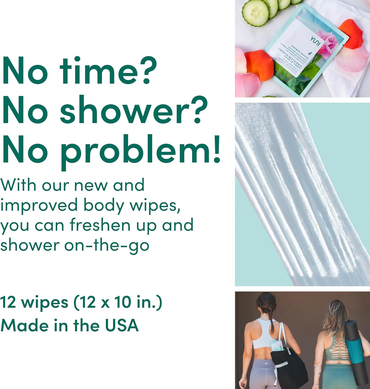 YUNI Shower Sheets Large Body Wipes, Soft Moist Showerless Wipes, Instantly Cleanse, Refresh and Deodorize - 12 SheetsYUNI856349007534Moist WipesMoist Wipes