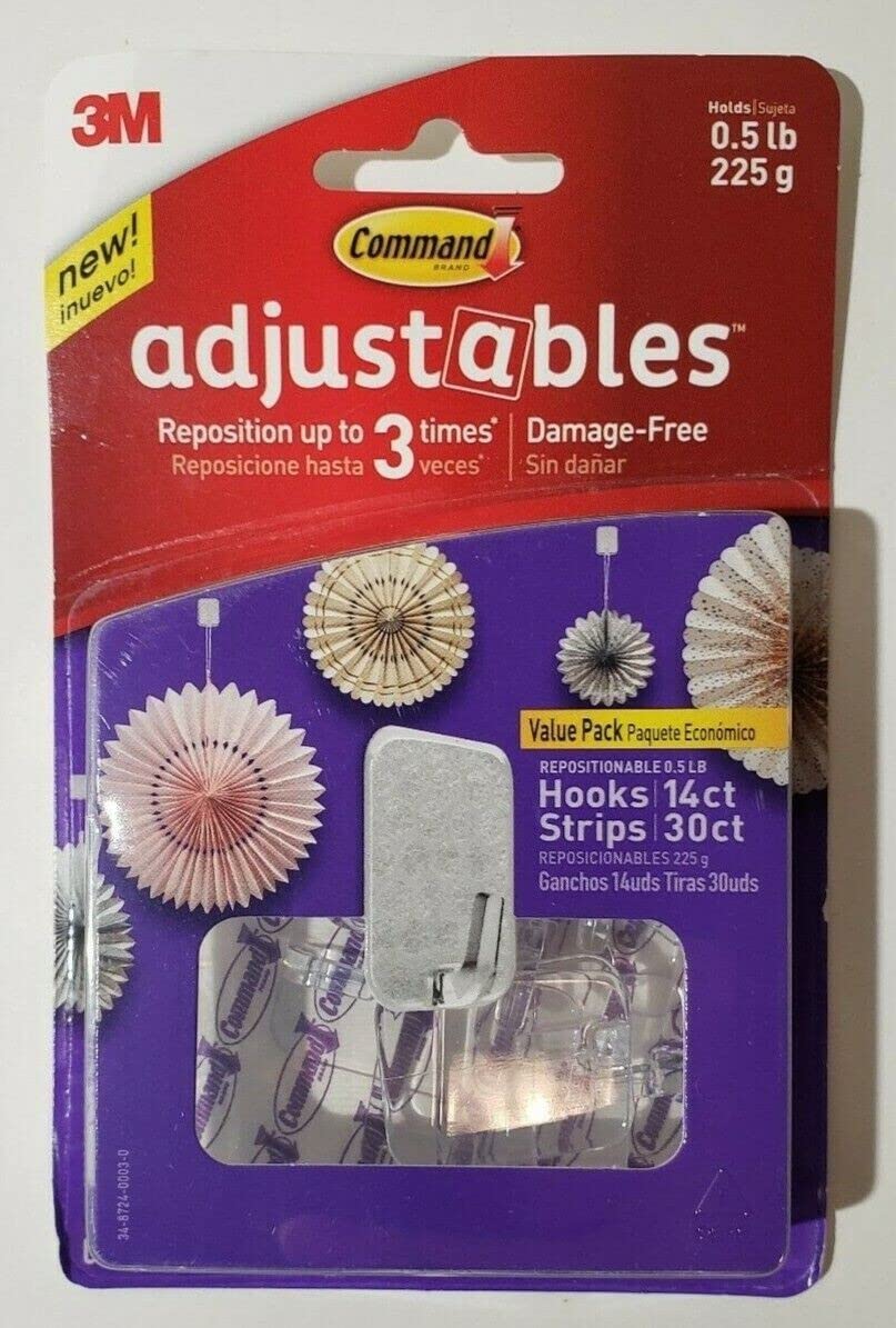 3M Adjustables Hooks & Strips, Clear, Repositionable, 14 Hooks, 30 Strips - Quantity 43M Command638060277454Adhesive hooksAdhesive hooks