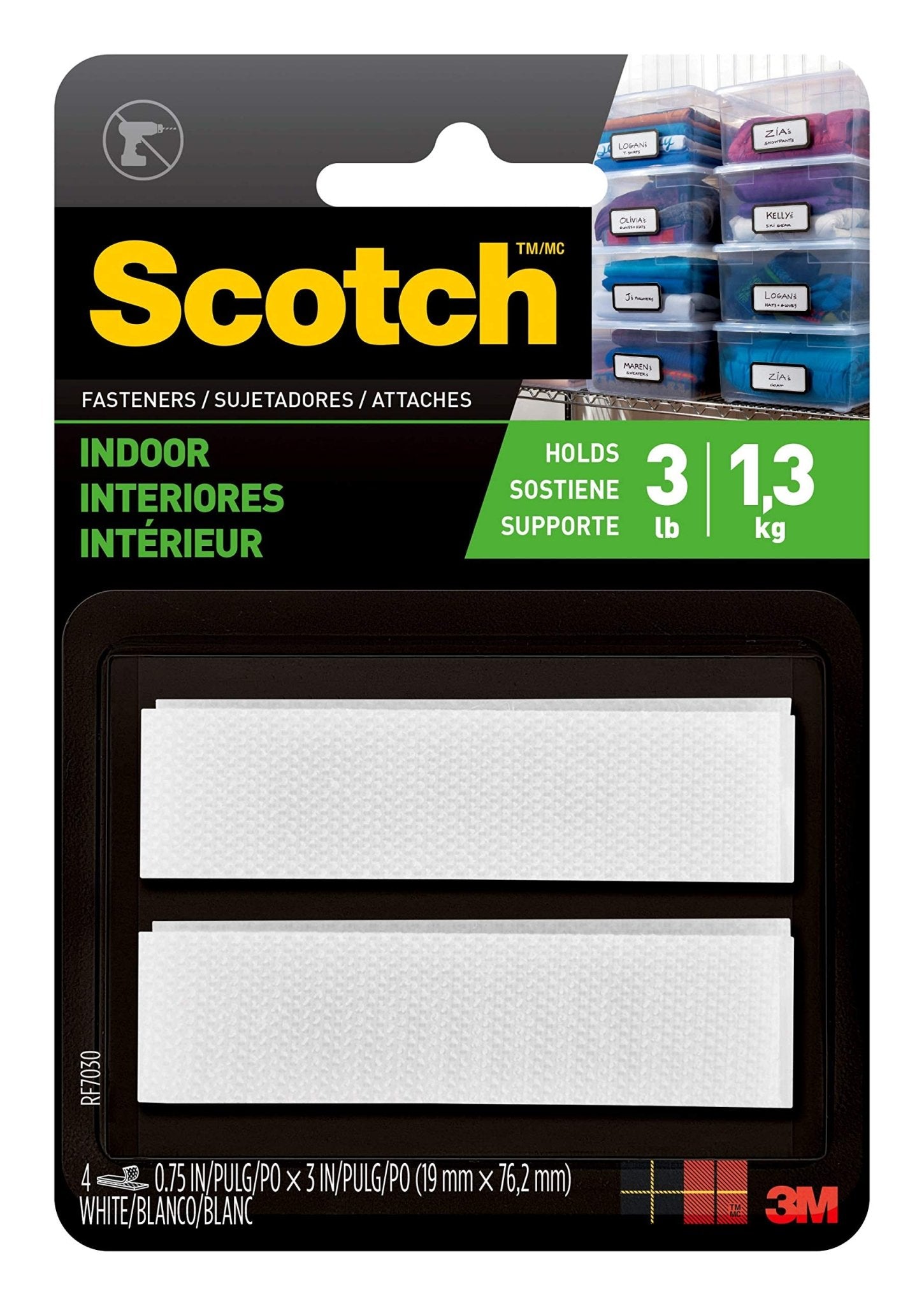 3M Scotch Brand Touch Fasteners, 3/4 in x 3 in, Strips, 4 Sets, WhiteScotch778853158475Adhesive Velcro StripsAdhesive Velcro Strips