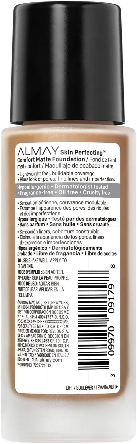Almay Skin Perfecting Comfort Matte Foundation, Hypoallergenic, Cruelty Free, Fragrance - Free, Dermatologist Tested Liquid Makeup, 1 Fluid OunceAlmay309970091705FoundationFoundation