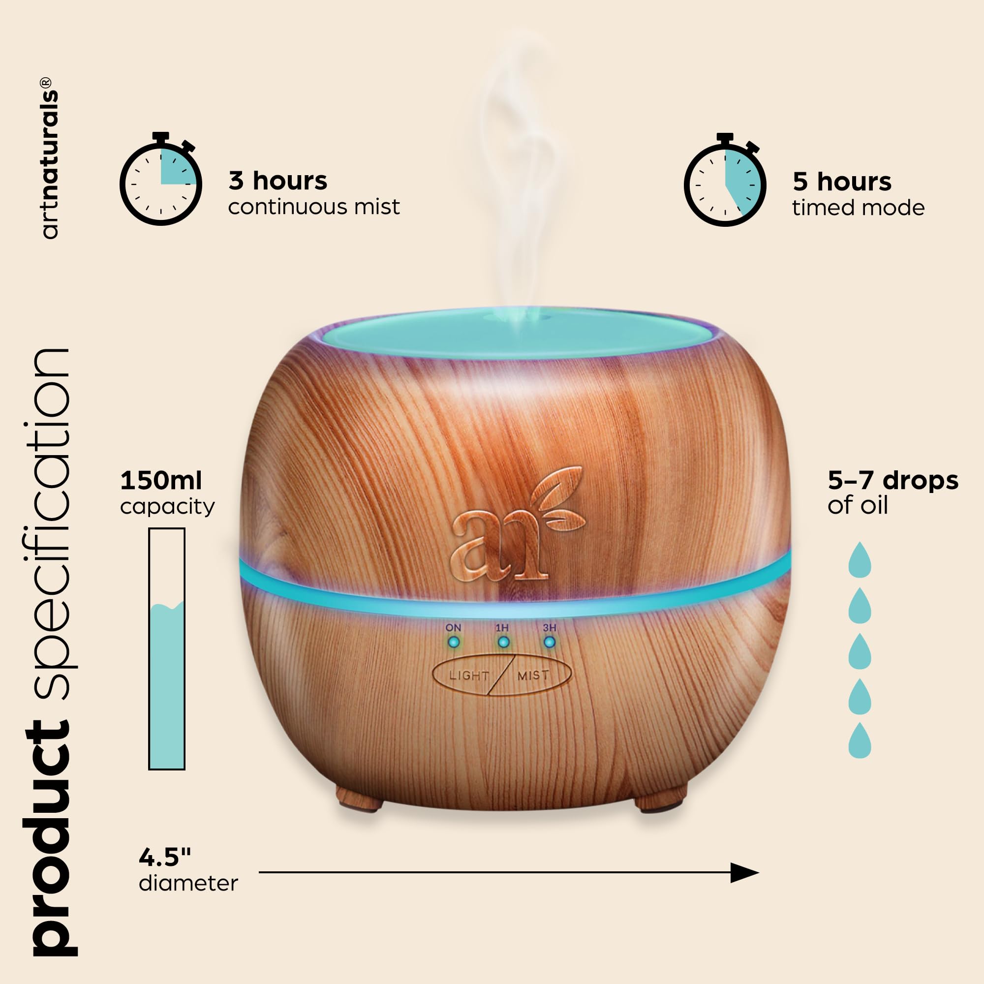 ArtNaturals Aromatherapy Essential Oil Diffuser 150ml Tank - Ultrasonic Aroma Humidifier - Adjustable Mist Mode, Auto Shut - Off and 7 Color LED Lights - for Home, Office & BedroomArtNaturals816820027222Essential Oil DiffuserEssential Oil Diffuser