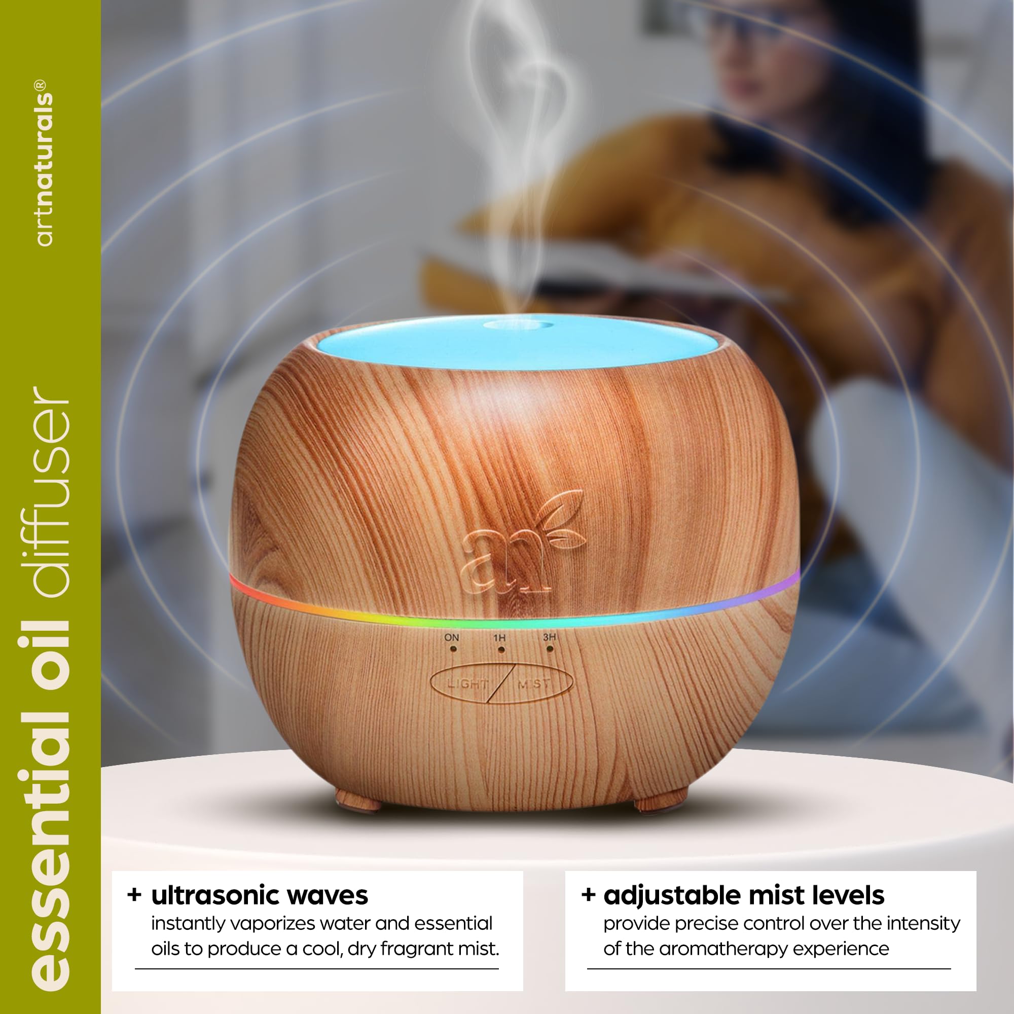 ArtNaturals Aromatherapy Essential Oil Diffuser 150ml Tank - Ultrasonic Aroma Humidifier - Adjustable Mist Mode, Auto Shut - Off and 7 Color LED Lights - for Home, Office & BedroomArtNaturals816820027222Essential Oil DiffuserEssential Oil Diffuser