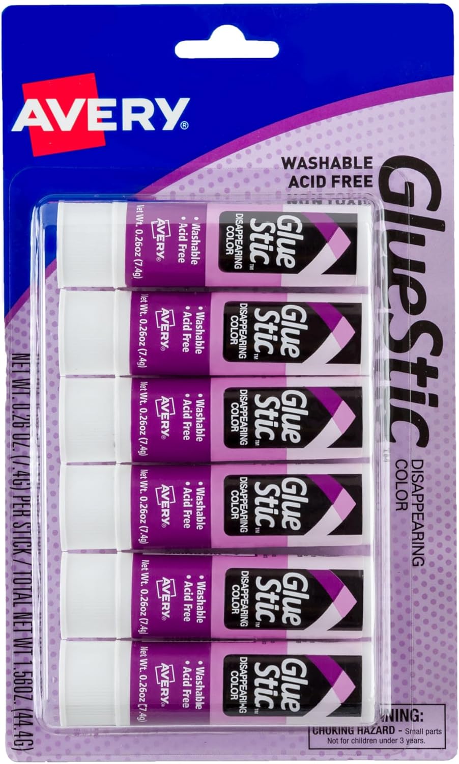 Avery Glue Stick Disappearing Purple Color, Washable, Nontoxic, 0.26 oz. Permanent Glue Stic, 6pkAvery071709980962Glue StickGlue Stick