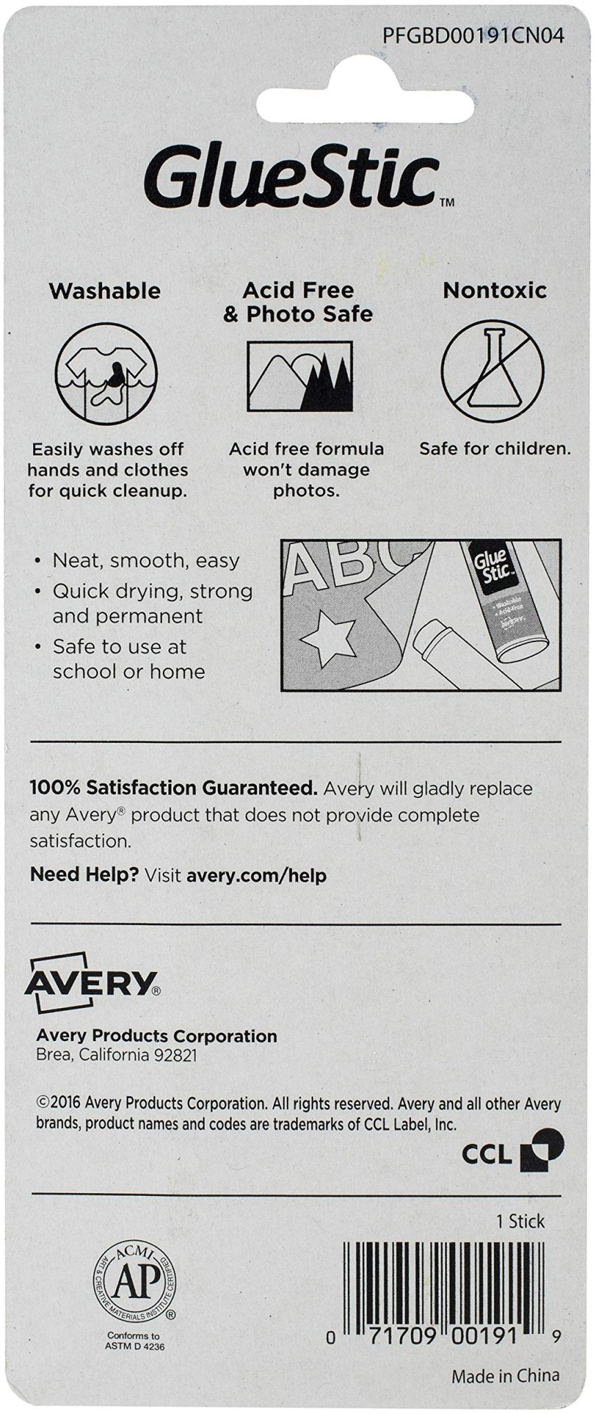 Avery Glue Stick White, 1.27 oz., Washable, Nontoxic, Permanent Glue, 1 Glue SticAvery071709001919Glue StickGlue Stick