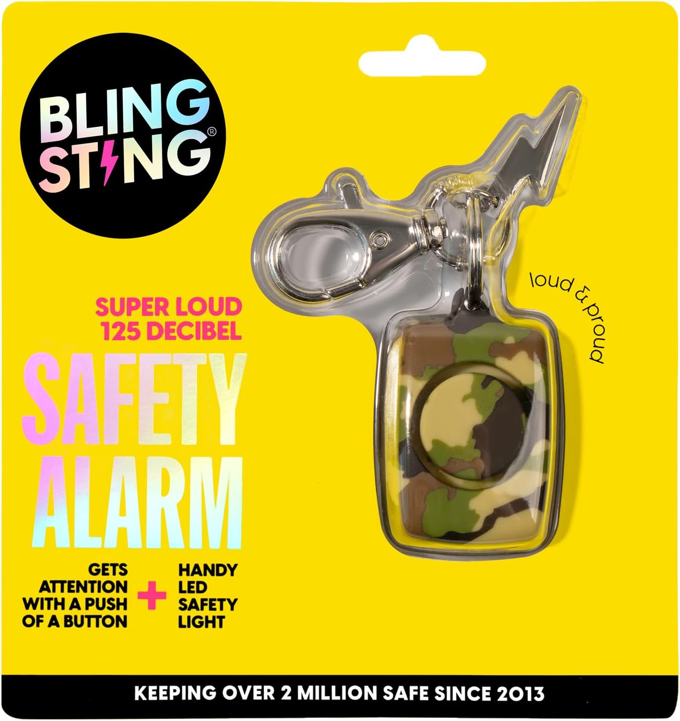 BLINGSTING Personal Safety Alarm for Women - 125 Decibel Loud Self Defense Alarm with Recessed Activation Button - LED Light & Keychain Clip - Green CamoBLINGSTING850016025029Personal Safety AlarmPersonal Safety Alarm