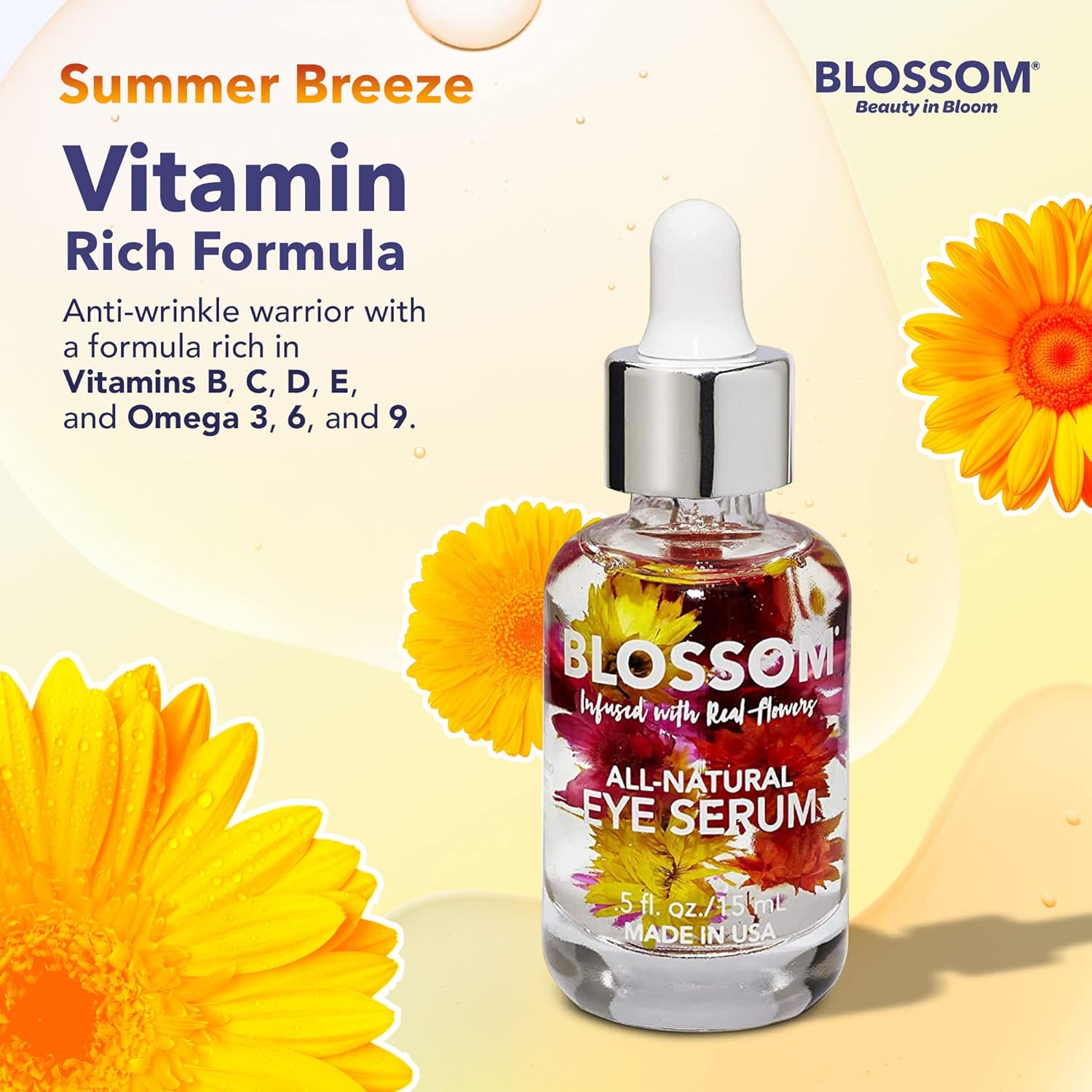 Blossom All Natural Eye Serum with Essential Oils, Organic Cruelty Free Moisturizing, Infused with Real Flowers, Made in USA, 0.5 fl. oz., Summer BreezeBlossom079556520119Eye SerumEye Serum