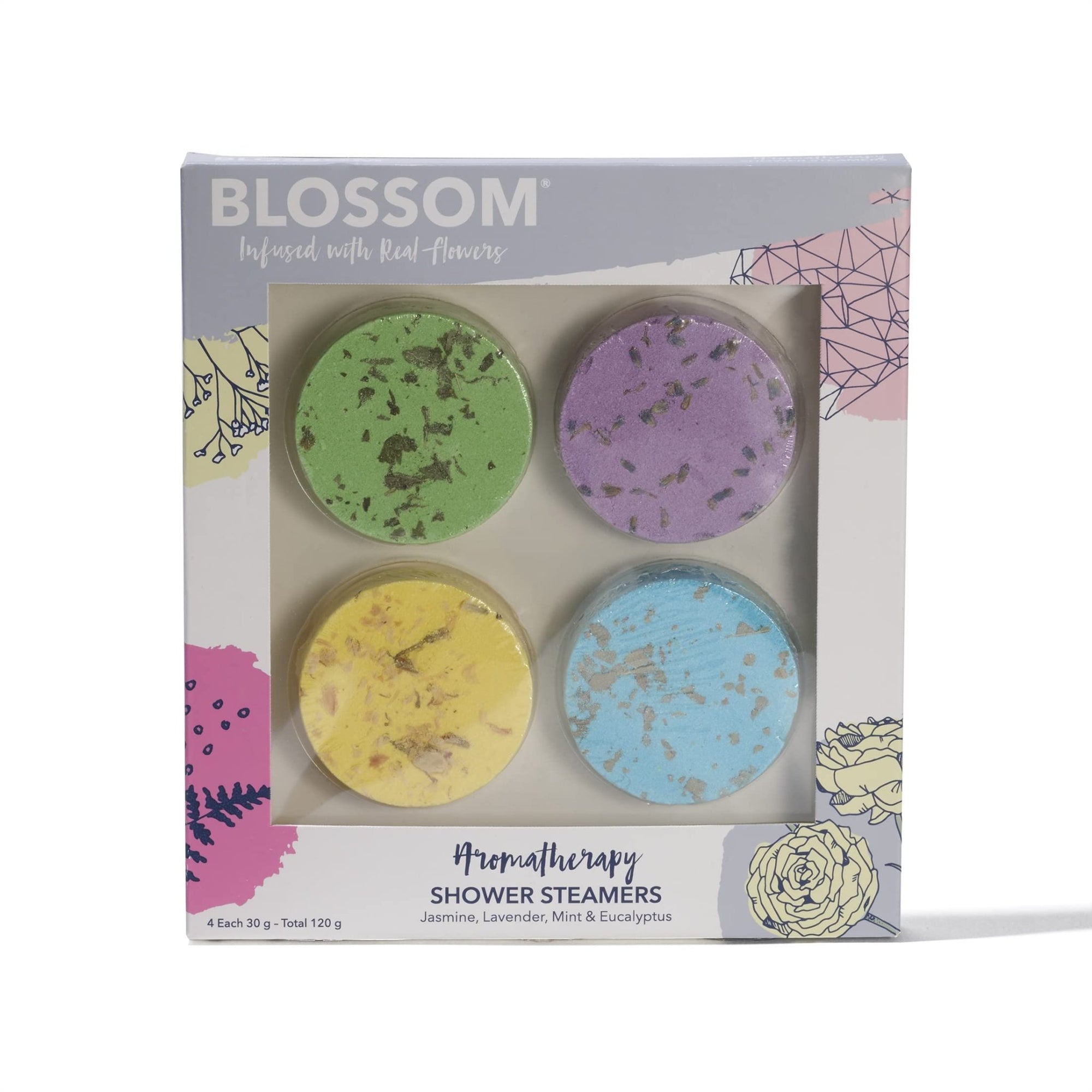 Blossom Aromatherapy Shower Steamers, Bath Bomb Tablets with Essential Oils for Stress Relief and Relaxation 4 Pack Box, Jasmine, Lavender, Mint and EucalyptusBlossom079556805506Bath BombBath Bomb