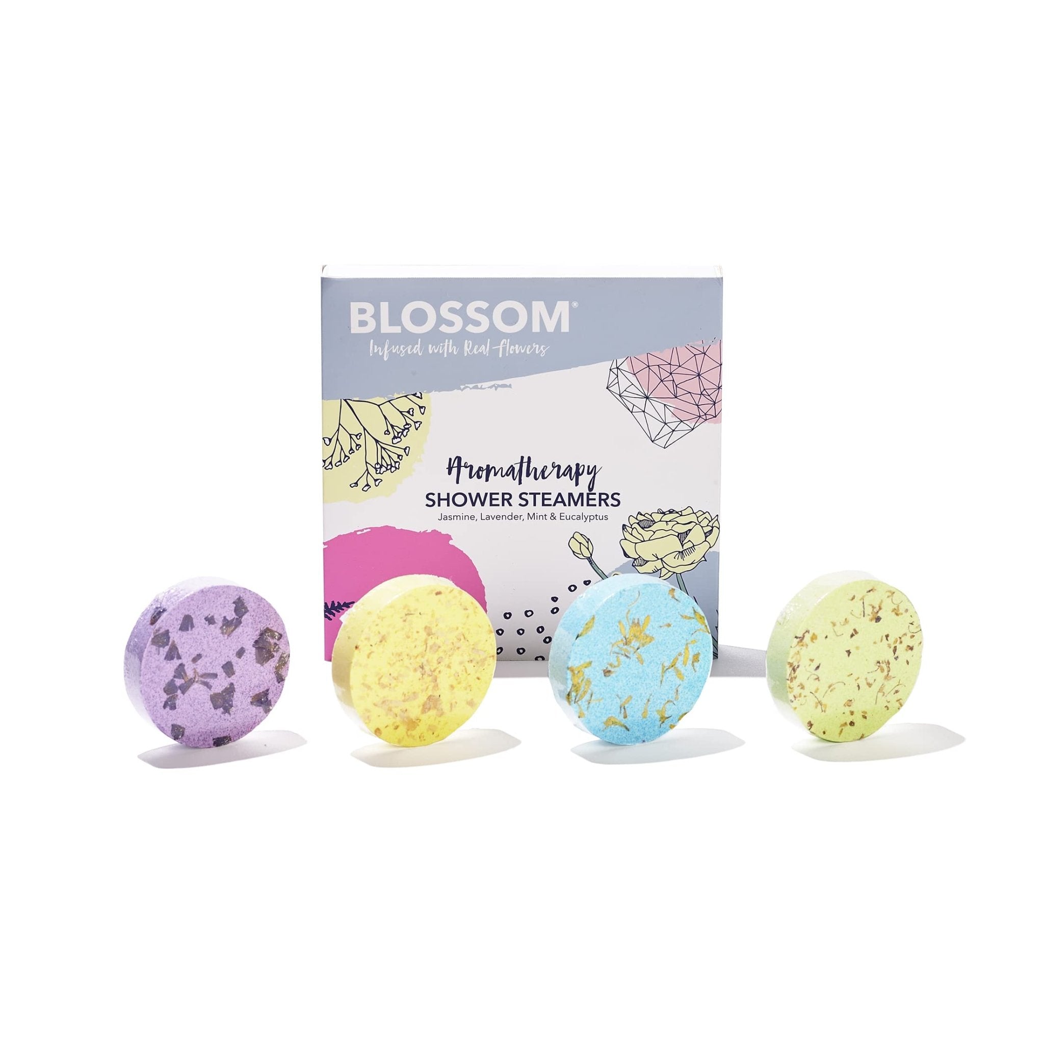Blossom Aromatherapy Shower Steamers, Bath Bomb Tablets with Essential Oils for Stress Relief and Relaxation 4 Pack Box, Jasmine, Lavender, Mint and EucalyptusBlossom079556805506Bath BombBath Bomb