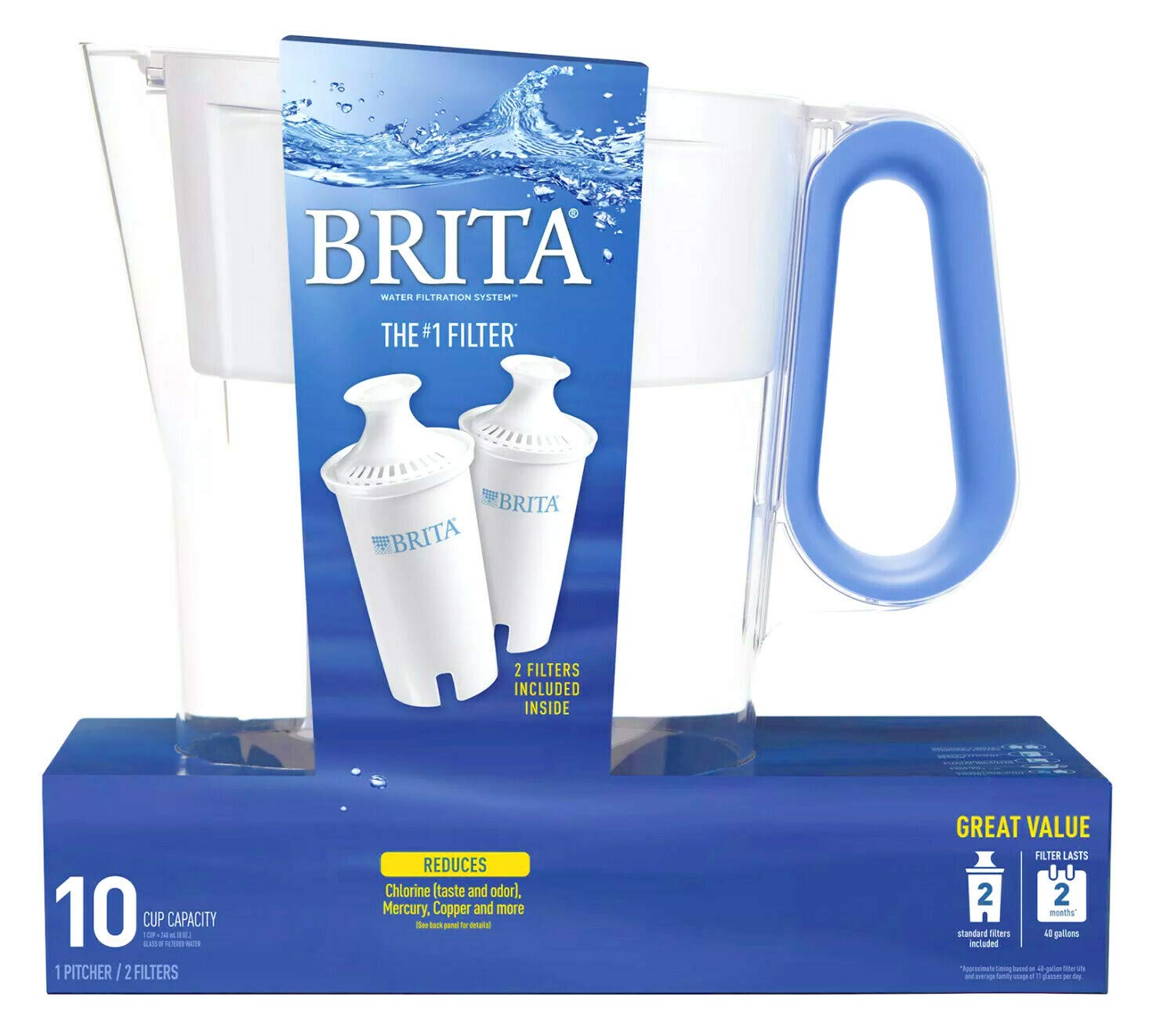 Brita Wave Filtered Water Filter Pitcher 10 Cup Capacity Includes 2 Filters - BlueBrita060258361421Water Filtering PitcherWater Filtering Pitcher