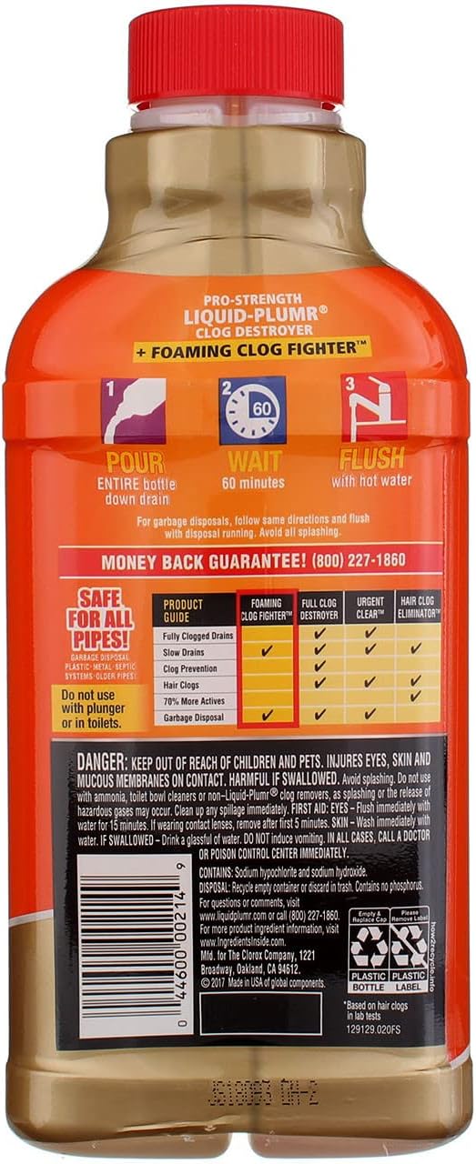 Clorox Liquid Plumber Clog Destroyer with Foaming Clog Fighter - 17 Oz, OrangeClorox044600002149Drain CleanerDrain Cleaner
