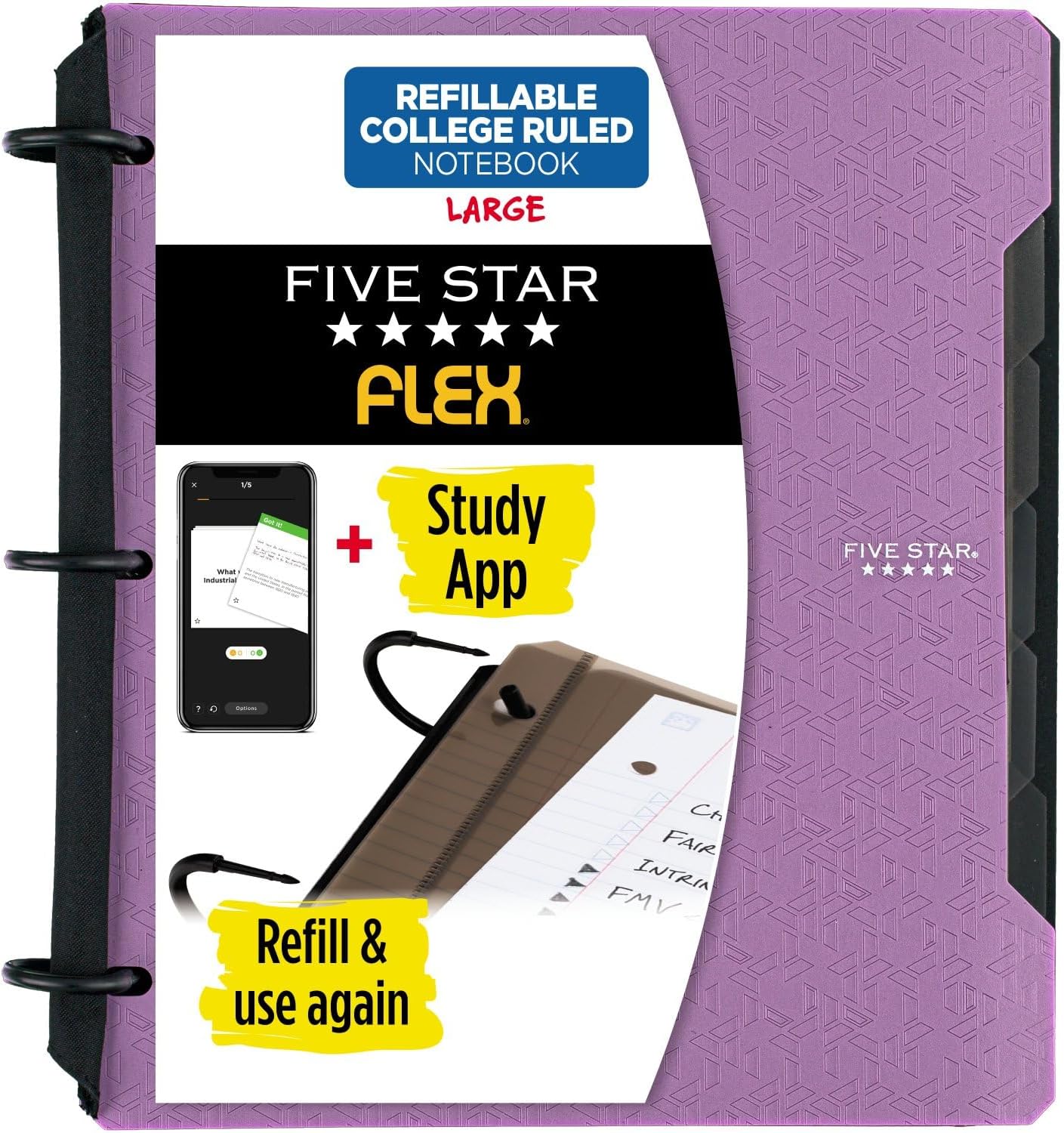 FIVE STAR Flex Refillable Notebook + Study App, College Ruled Paper, 1 Inch TechLock Rings, Pockets, Tabs and Dividers, 200 Sheet CapacityFive Star043100293286Refillable NotebookRefillable Notebook