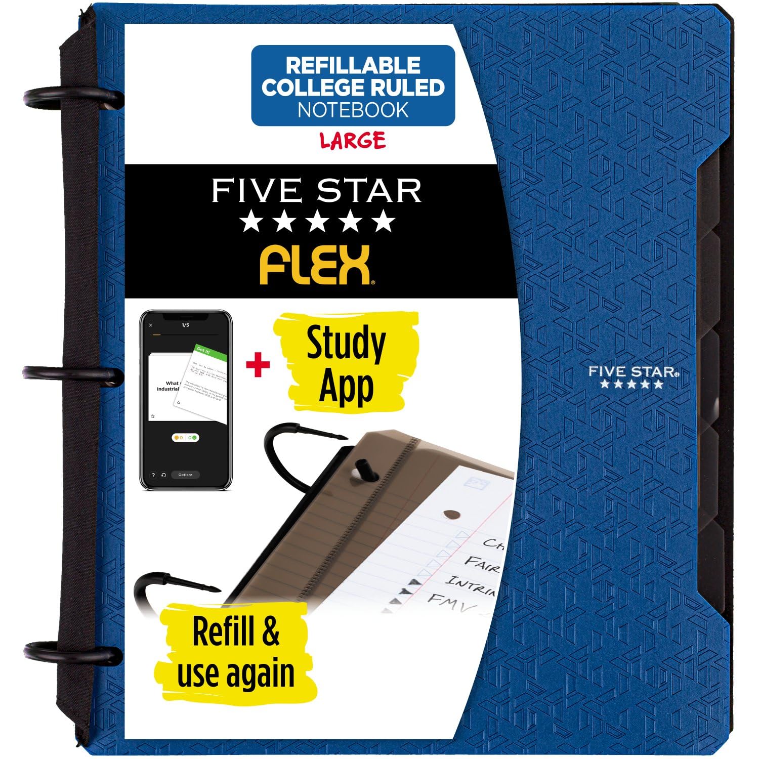 FIVE STAR Flex Refillable Notebook + Study App, College Ruled Paper, 1 Inch TechLock Rings, Pockets, Tabs and Dividers, 200 Sheet CapacityFive Star043100293286Refillable NotebookRefillable Notebook