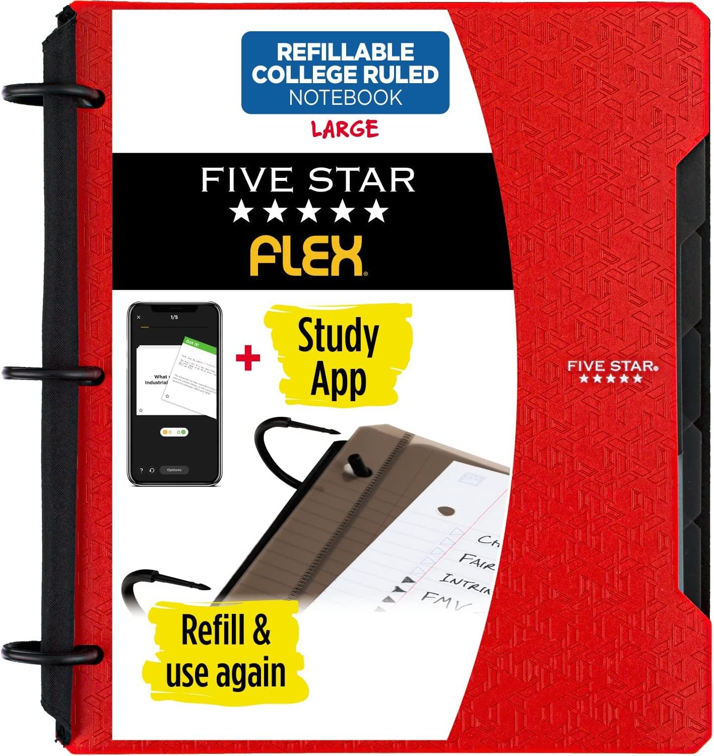 FIVE STAR Flex Refillable Notebook + Study App, College Ruled Paper, 1 Inch TechLock Rings, Pockets, Tabs and Dividers, 200 Sheet CapacityFive Star043100293286Refillable NotebookRefillable Notebook
