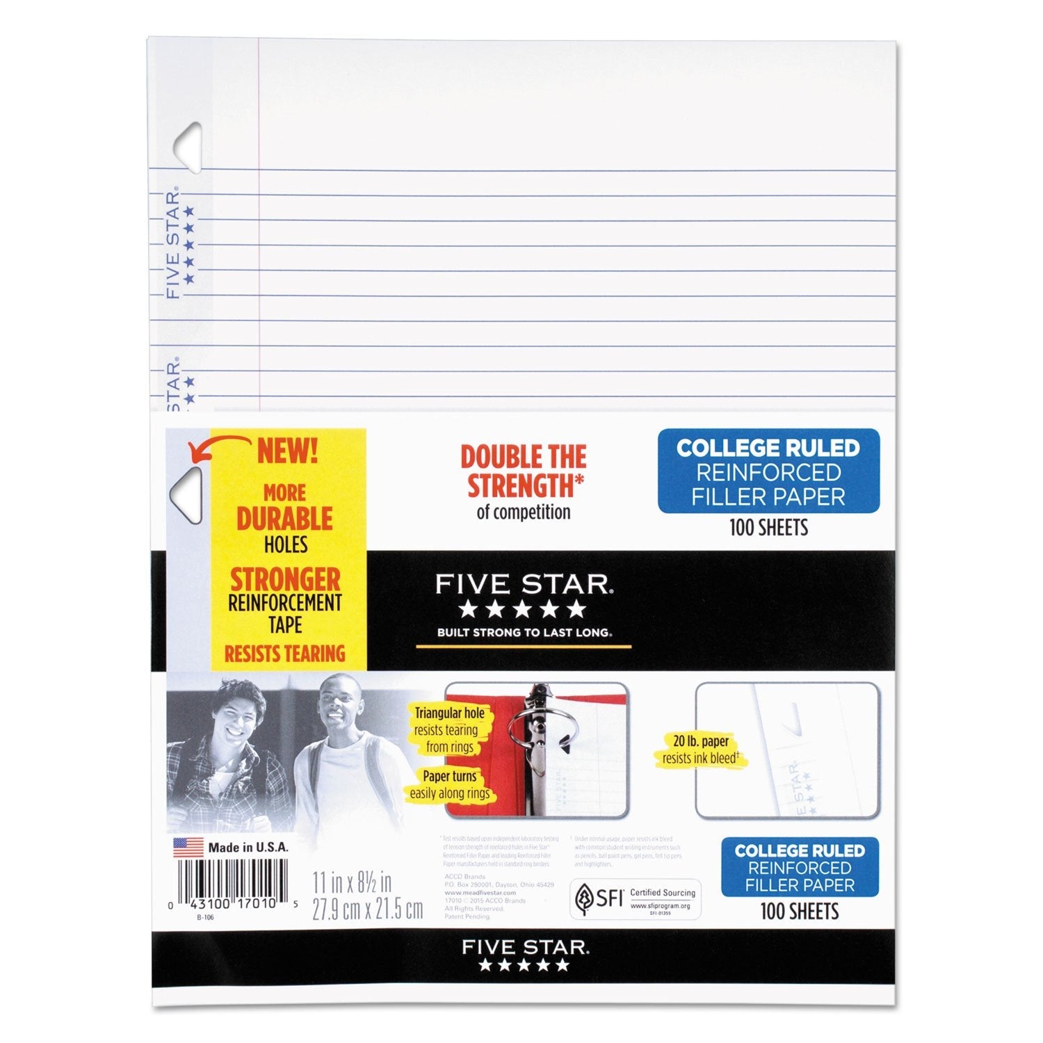 Five Star Loose Leaf Paper, 3 Hole Punched, Reinforced Filler Paper, College Ruled Paper, 11" x 8 - 1/2", 100 Sheets/Pack (17010)Five Star043100170105Notebook refill padsNotebook refill pads