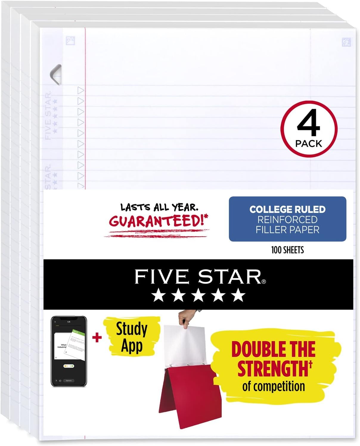 Five Star Loose Leaf Paper, 3 Hole Punched, Reinforced Filler Paper, College Ruled Paper, 11" x 8 - 1/2", 100 Sheets/Pack (17010)Five Star043100170105Notebook refill padsNotebook refill pads
