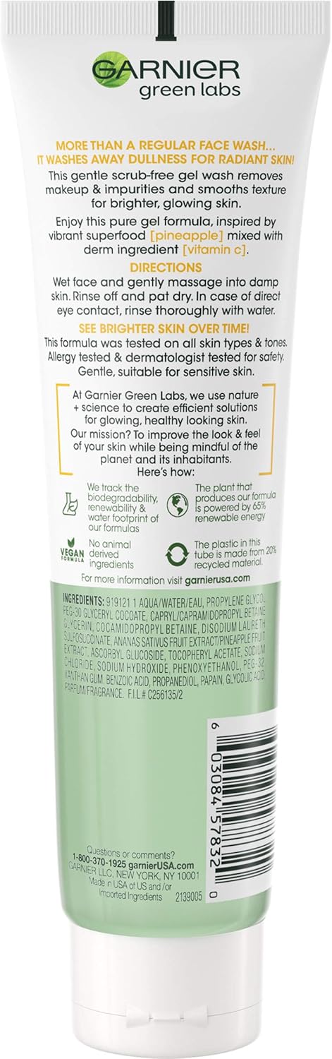 Garnier Green Labs Brightening Gel Wash, Pinea - C with Vitamin C + Pineapple for Dull and Uneven Skin - 130 ml4.4 Packaging May Vary, Pinea - C, Pineapple, 13.2 Fl OzGarnier603084578320CleanserCleanser