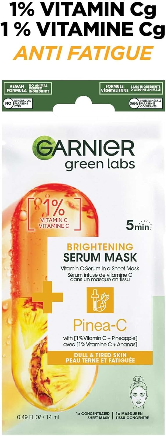 Garnier green labs Brightening Serum Mask with Vitamin C + Pineapple, Pinea - C, 5 Minute Sheet Mask - 14 mlGarnier6923700981315Face PacksFace Packs