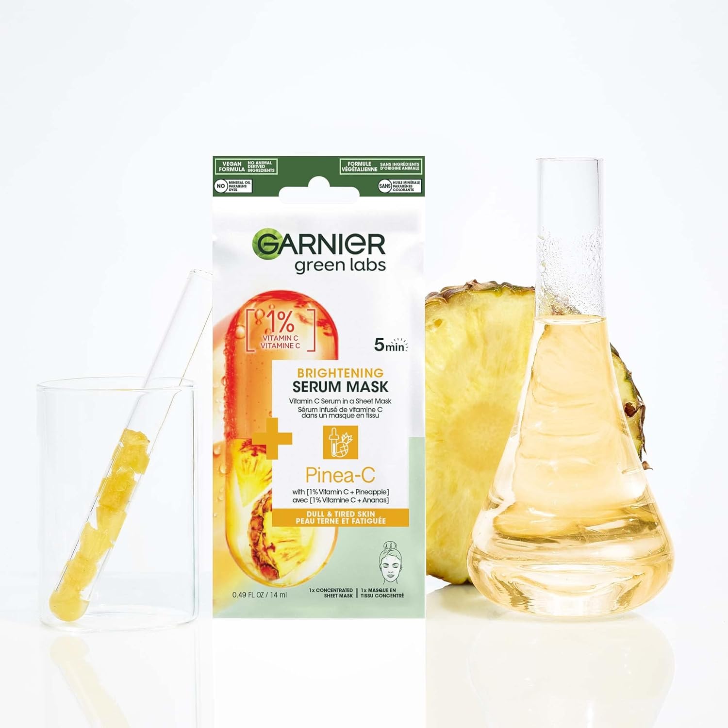 Garnier green labs Brightening Serum Mask with Vitamin C + Pineapple, Pinea - C, 5 Minute Sheet Mask - 14 mlGarnier6923700981315Face PacksFace Packs