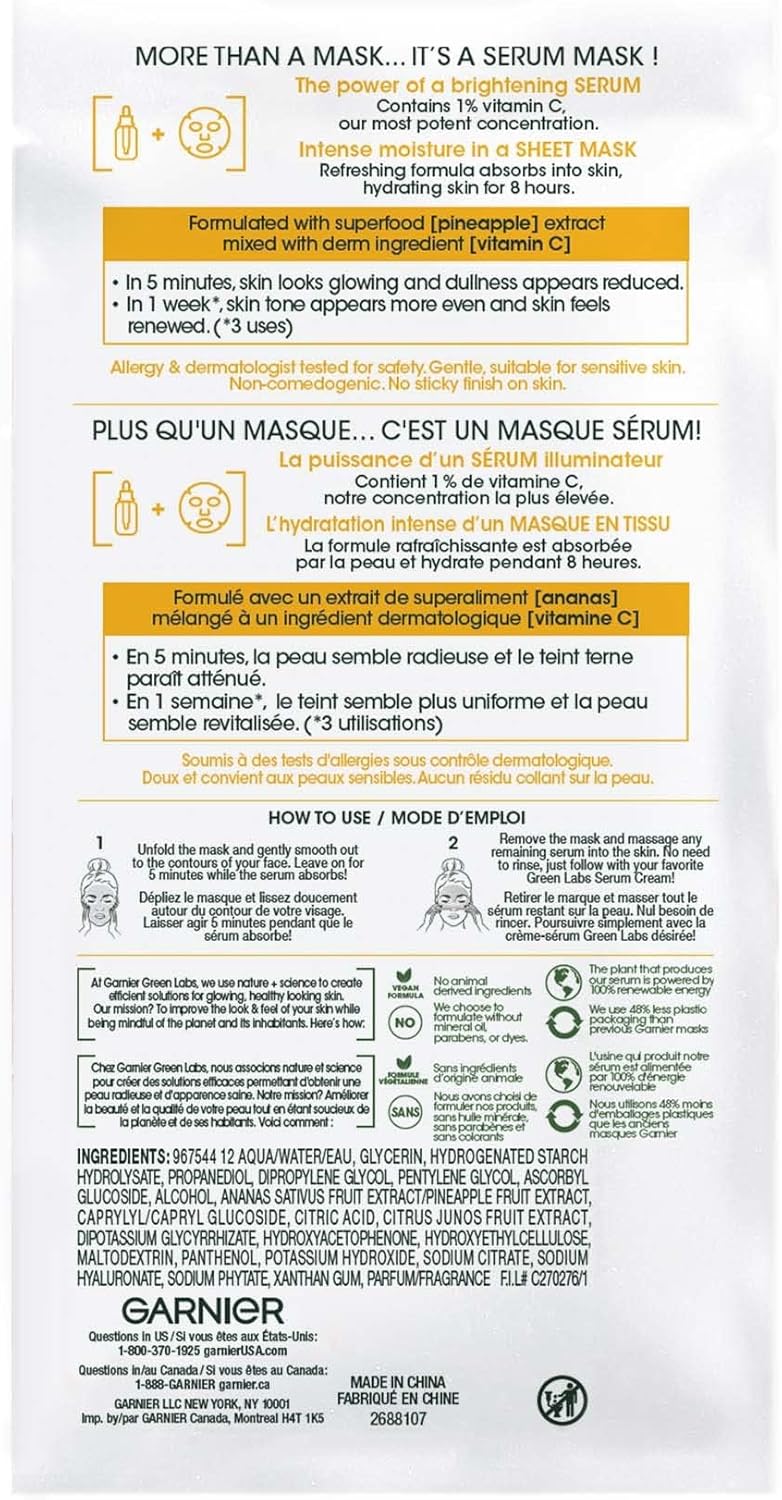 Garnier green labs Brightening Serum Mask with Vitamin C + Pineapple, Pinea - C, 5 Minute Sheet Mask - 14 mlGarnier6923700981315Face PacksFace Packs