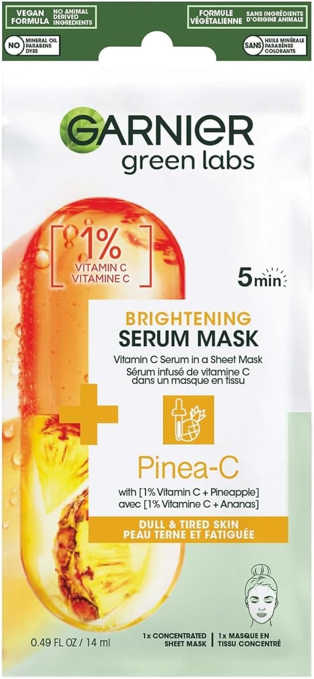 Garnier green labs Brightening Serum Mask with Vitamin C + Pineapple, Pinea - C, 5 Minute Sheet Mask - 14 mlGarnier6923700981315Face PacksFace Packs