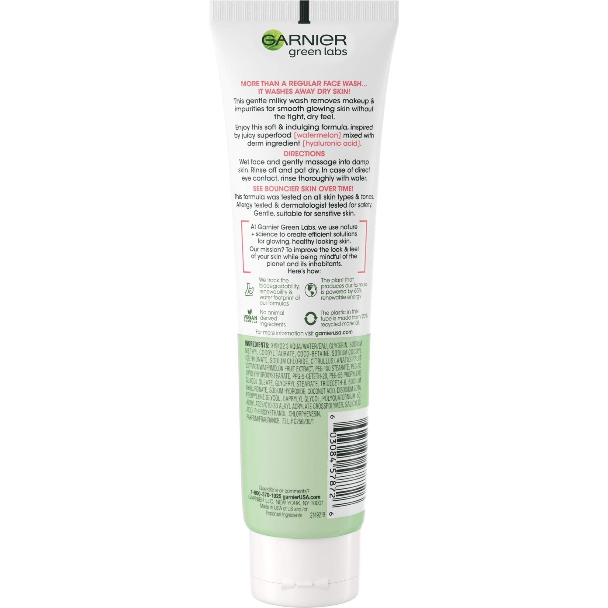 Garnier Green Labs Smoothing Milky Wash, Hyalu - Melon with Hyaluronic Acid + Watermelon for Dehydrated Skin, Fine Lines - 130 mlGarnier603084578726CleanserCleanser
