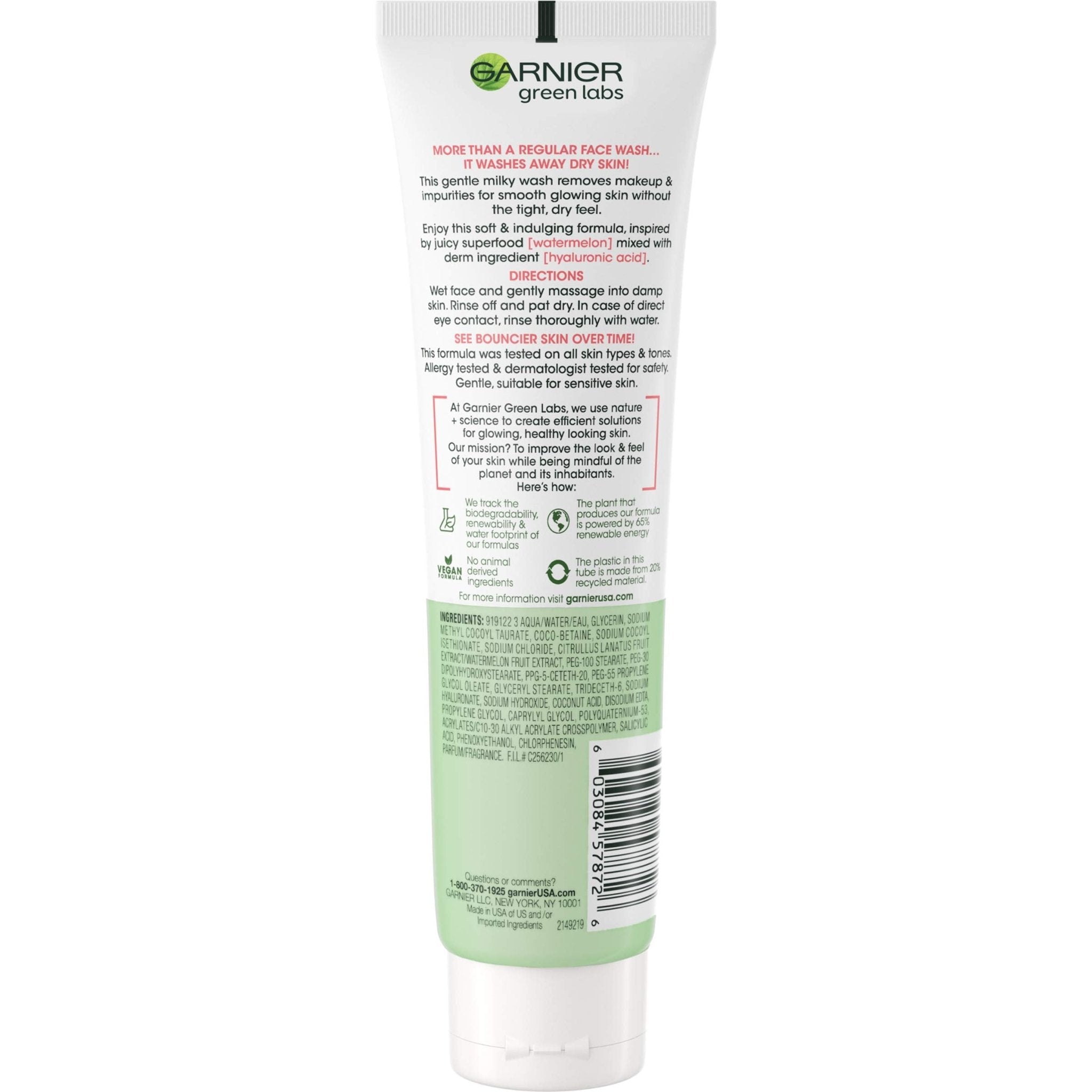 Garnier Green Labs Smoothing Milky Wash, Hyalu - Melon with Hyaluronic Acid + Watermelon for Dehydrated Skin, Fine Lines - 130 mlGarnier603084578726CleanserCleanser