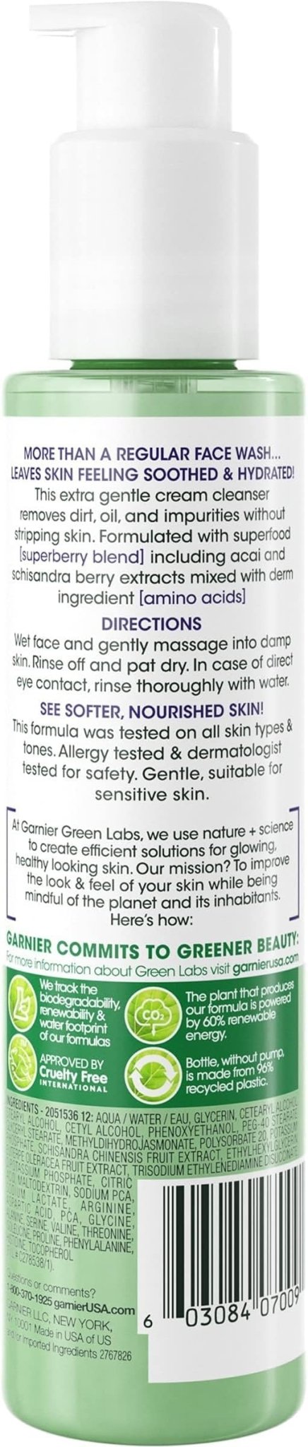 Garnier Green Labs Ultra Soothing Cream Cleanser - Amino Berry, Hydrates and Soothes Skin - 150 mlGarnier603084070091CleanserCleanser