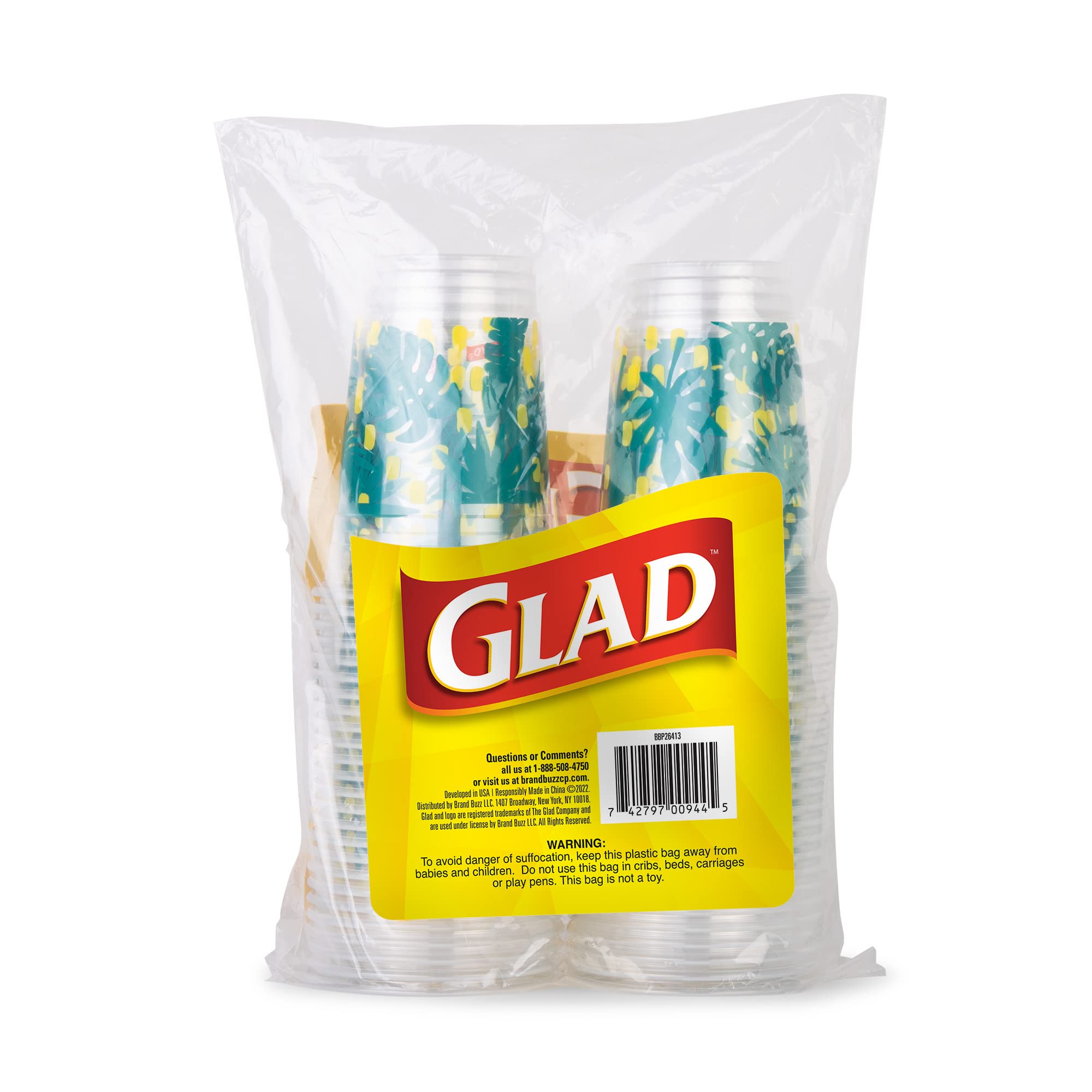 Glad Everyday Clear Plastic Cups with Palm Leaf Print, Strong and Sturdy Plastic Cups for All Occasions - 532 ml, 24ctGlad742797036496Disposable CutleryDisposable Cutlery