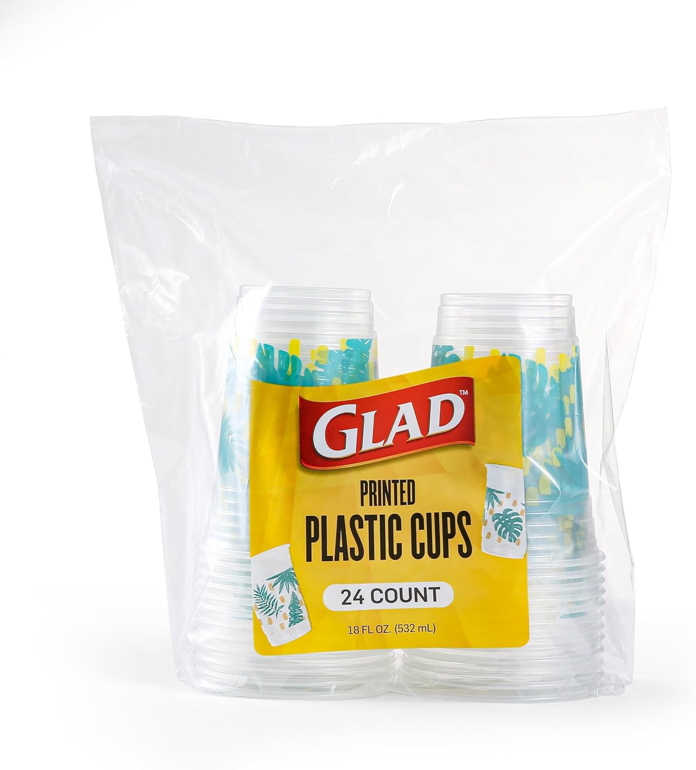 Glad Everyday Clear Plastic Cups with Palm Leaf Print, Strong and Sturdy Plastic Cups for All Occasions - 532 ml, 24ctGlad742797036496Disposable CutleryDisposable Cutlery